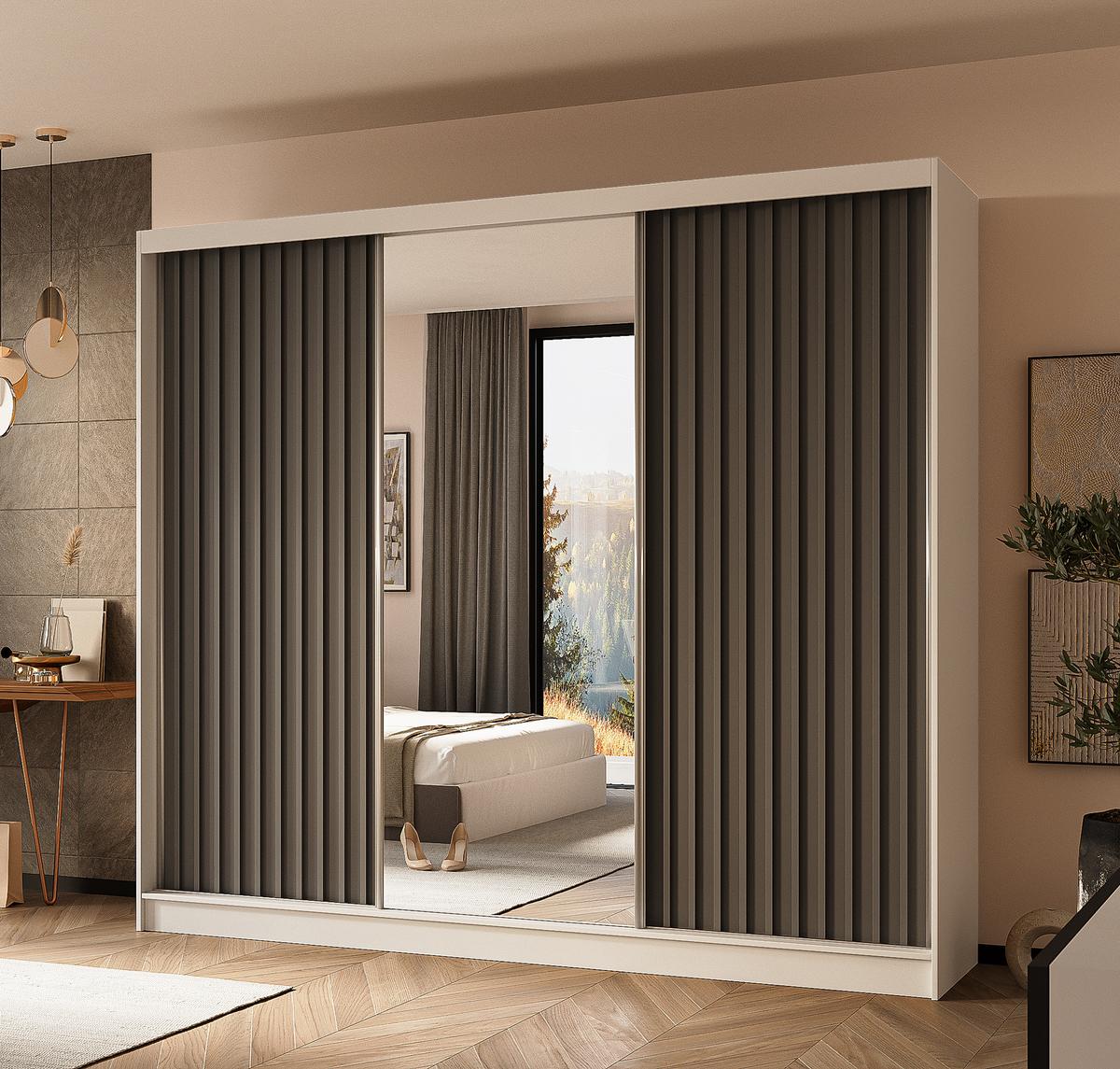 SCHWEBETÜRENSCHRANK Cabinio Weiß Grau 240/216/61 cm – mit Spiegel und Lamellen - Weiß/Grau, Holzwerkstoff/Kunststoff (240/216/61cm) - AX Living