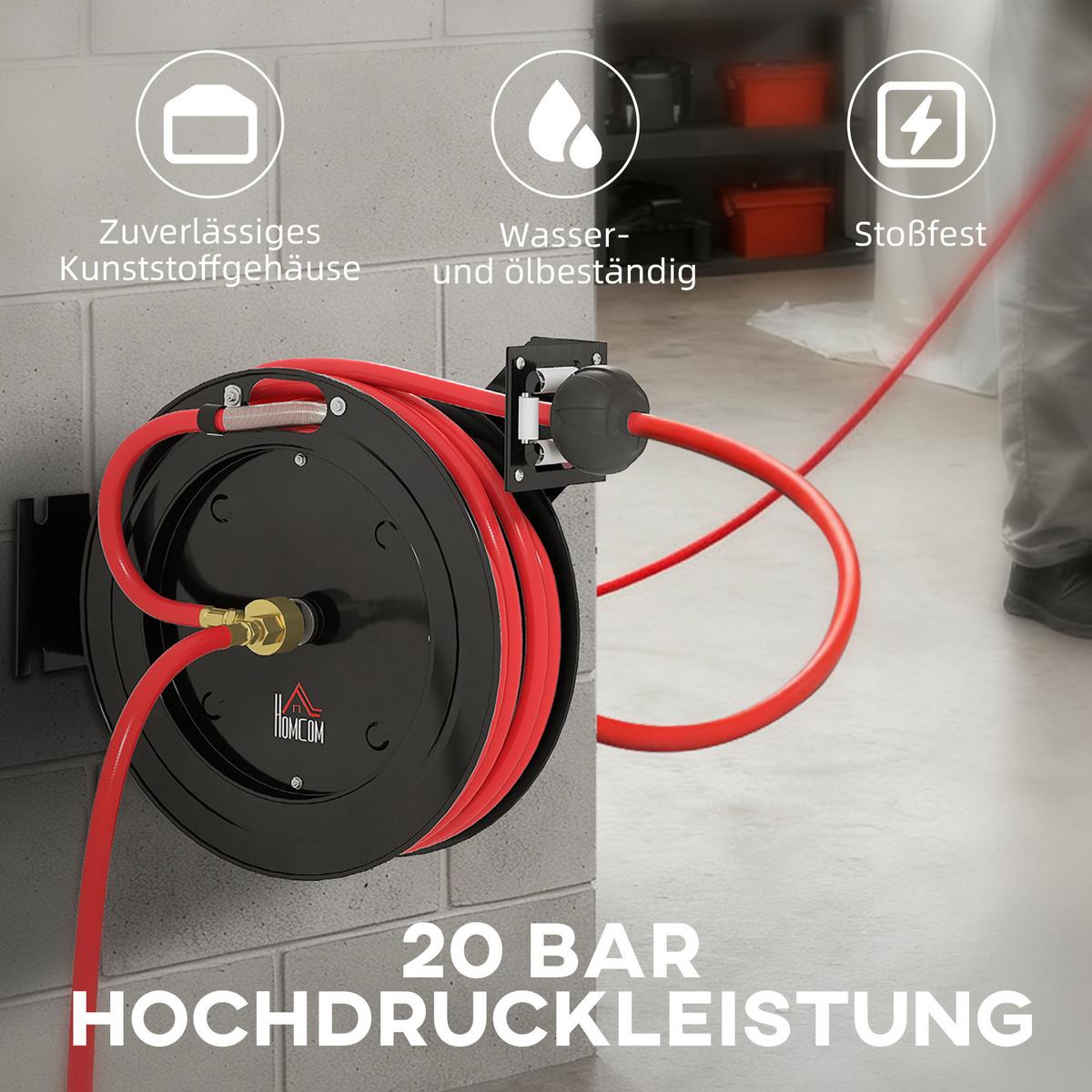SCHLAUCHTROMMEL Automatische Druckluft 15m+1m mit 1/4' Anschluss 20 bar Druck - Multicolor, Metall (11.5/44/40.5cm) - HOMCOM