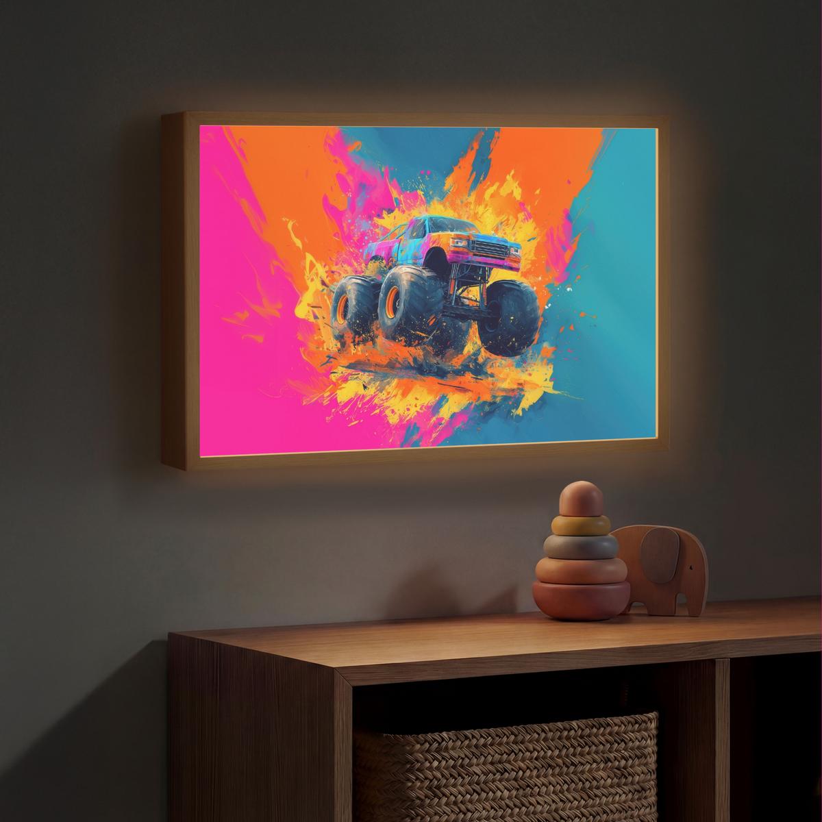 NACHTTISCHLAMPE MIT AKKU Monstertruck - Abstrakt - Farbspritzer - Farbenfroh 60x40 cm - Pink, Holzwerkstoff (8/60/40cm) - OnlyWow