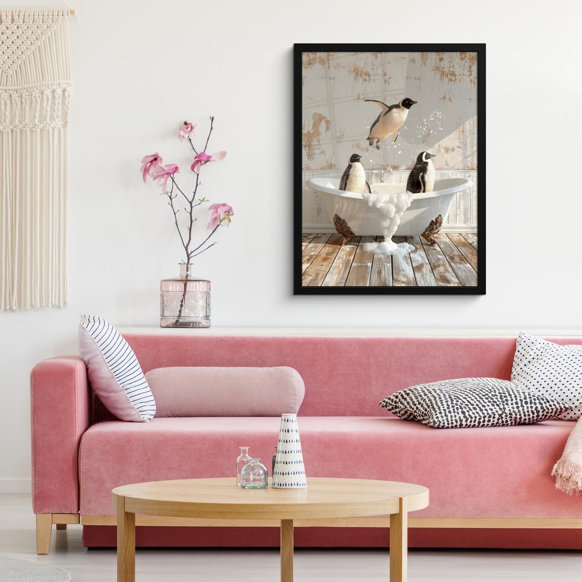 POSTER MIT RAHMEN Vintage - Pinguin - Badewanne - Schaumstoff Posterleiste 60x80 cm - Schwarz, Papier (60/80cm) - MuchoWow