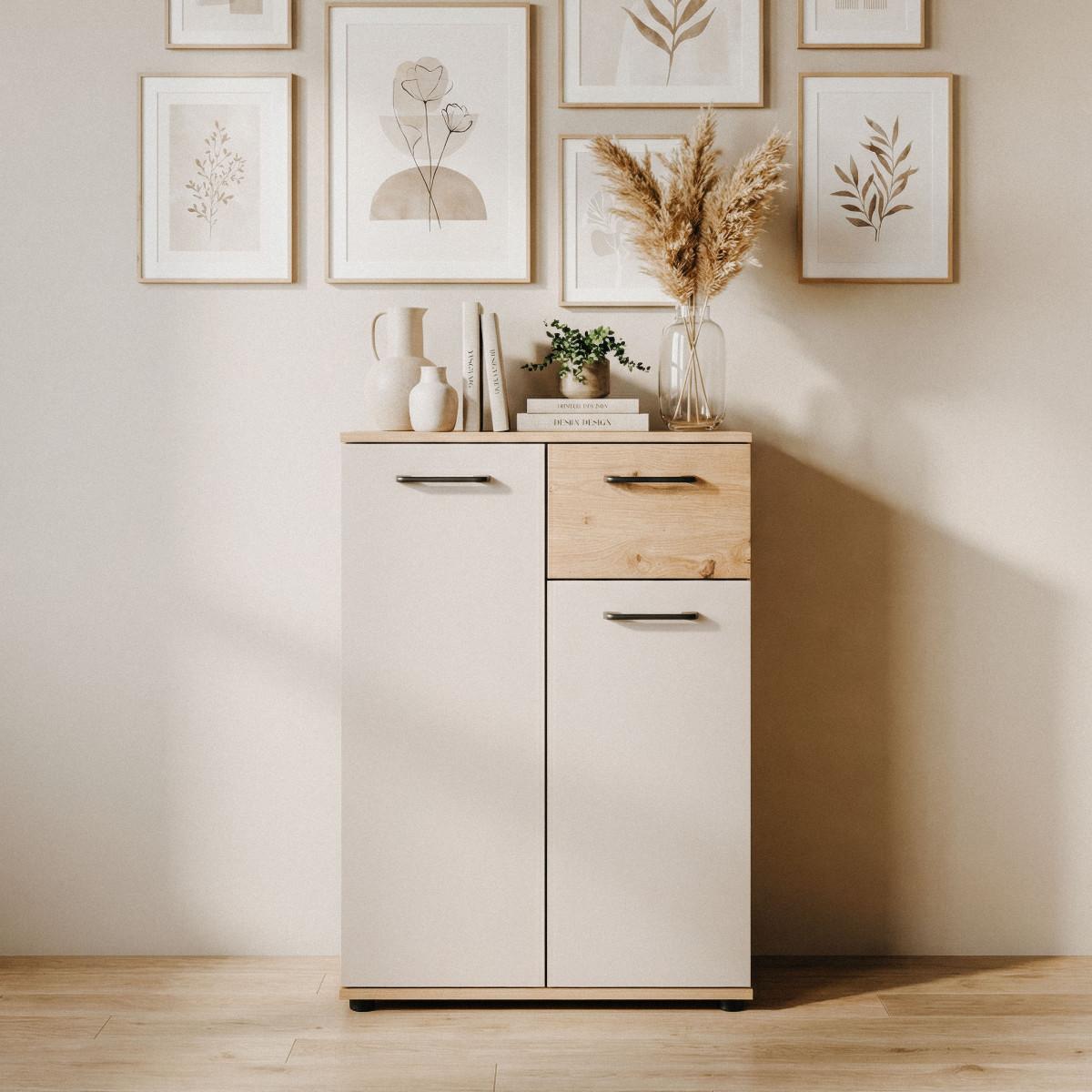 SIDEBOARD 2 Türen, 1 Schublade in Eicheneffekt und Kaschmir 35/85,5/60 cm - Eschefarben, Holzwerkstoff (35/85.5/39cm) - Calicosy