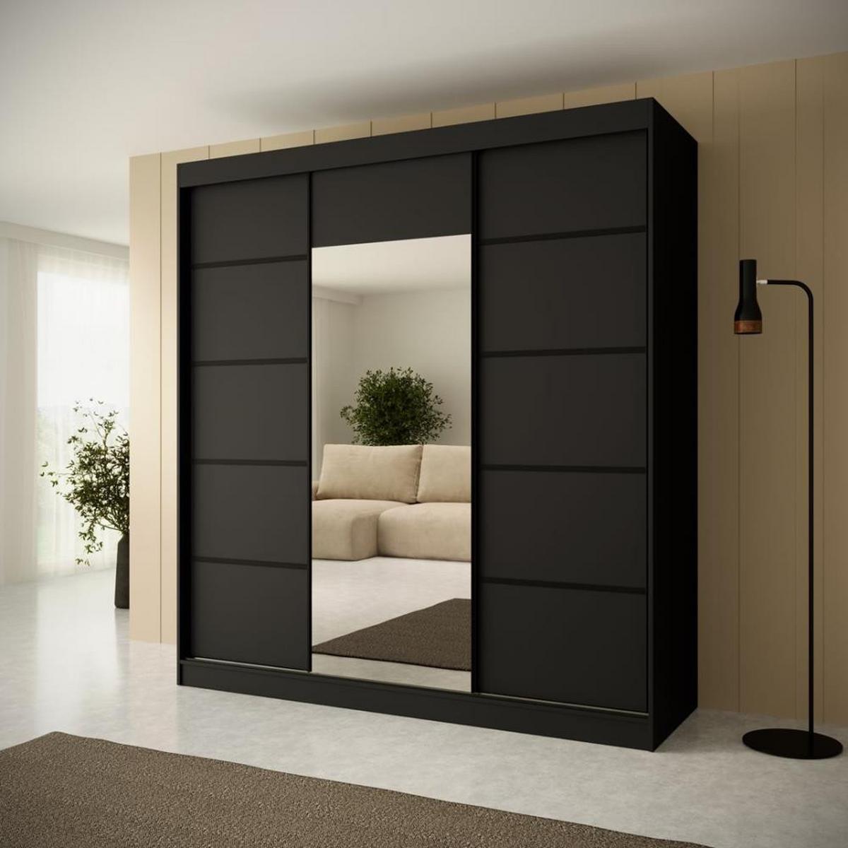 SCHWEBETÜRENSCHRANK Monica 200/215/61 3-türig schwarz mit Spiegel - Schwarz, Holzwerkstoff (200/215/61cm) - Beautysofa
