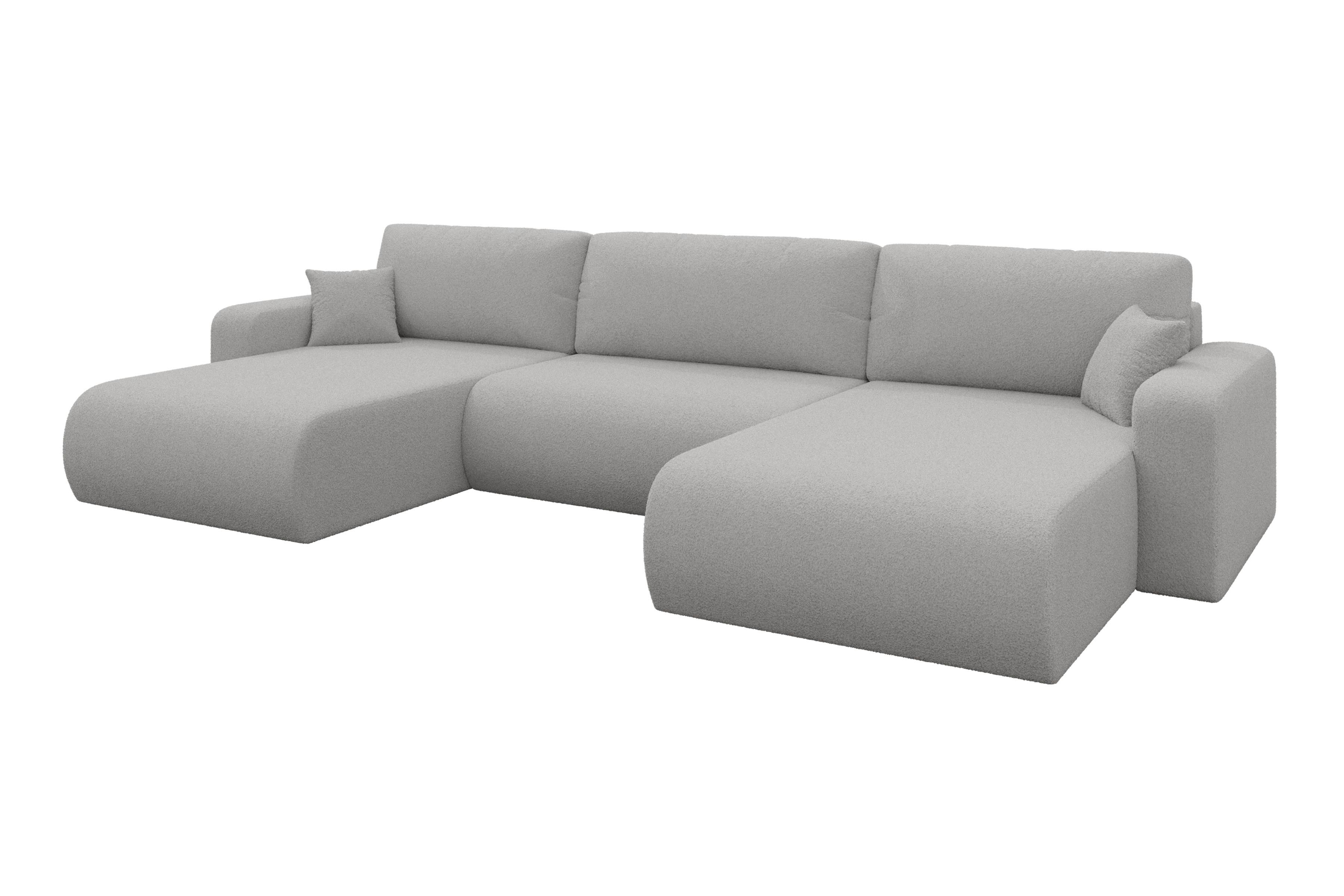 WOHNLANDSCHAFT mit Schlaffunktion und Bettkasten BERY-U 377x193x88 Hellgrau Bouclé - Silberfarben/Hellgrau, Holzwerkstoff/Kunststoff (377/88/193cm) - ALTDECOR