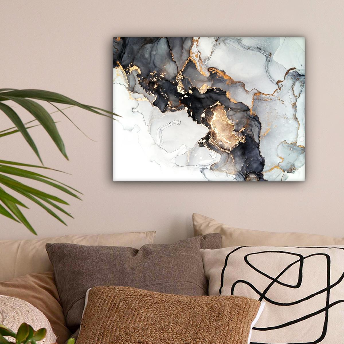 LEINWANDBILD Marmor - Schwarz - Weiß - Gold - Luxus - Abstrakt Wandbild 40x30 cm - Goldfarben, Textil (40/30cm) - MuchoWow