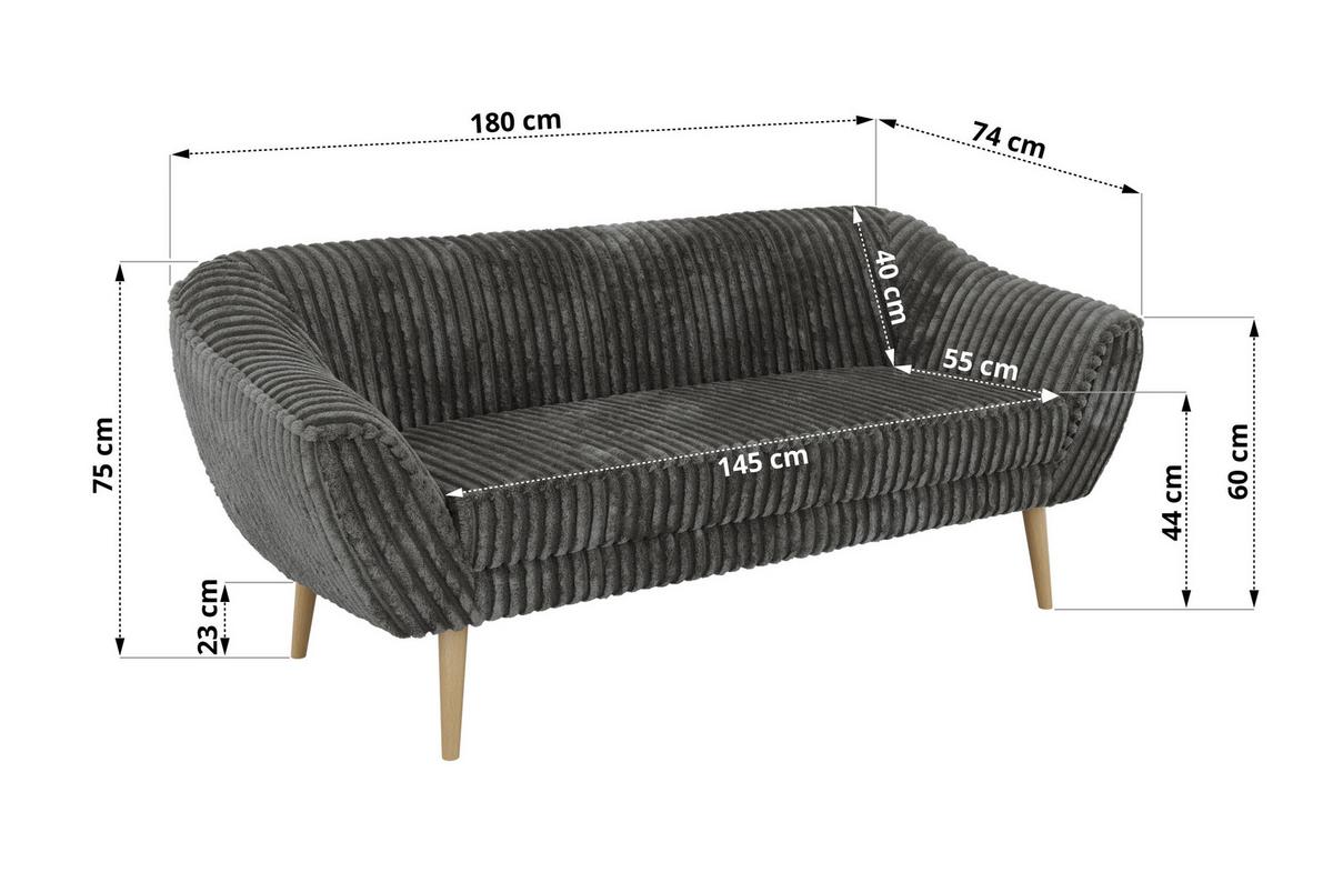 3-SITZER-SOFA PIRS - Grau Cord - Holzbeine - Buchefarben/Grau, Holzwerkstoff/Textil (180/75/74cm) - MKS