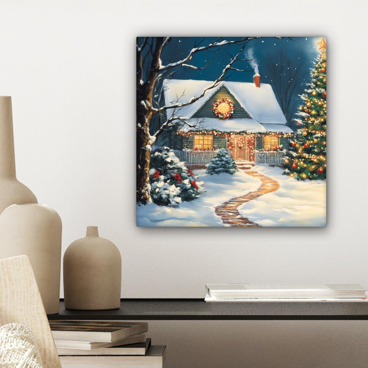 LEINWANDBILD Weihnachten - Weihnachtsbaum - Winter - Zuhause - Schnee Deko Wohnzimmer 20x20 cm - Smaragdgrün, Textil (20/20cm) - MuchoWow