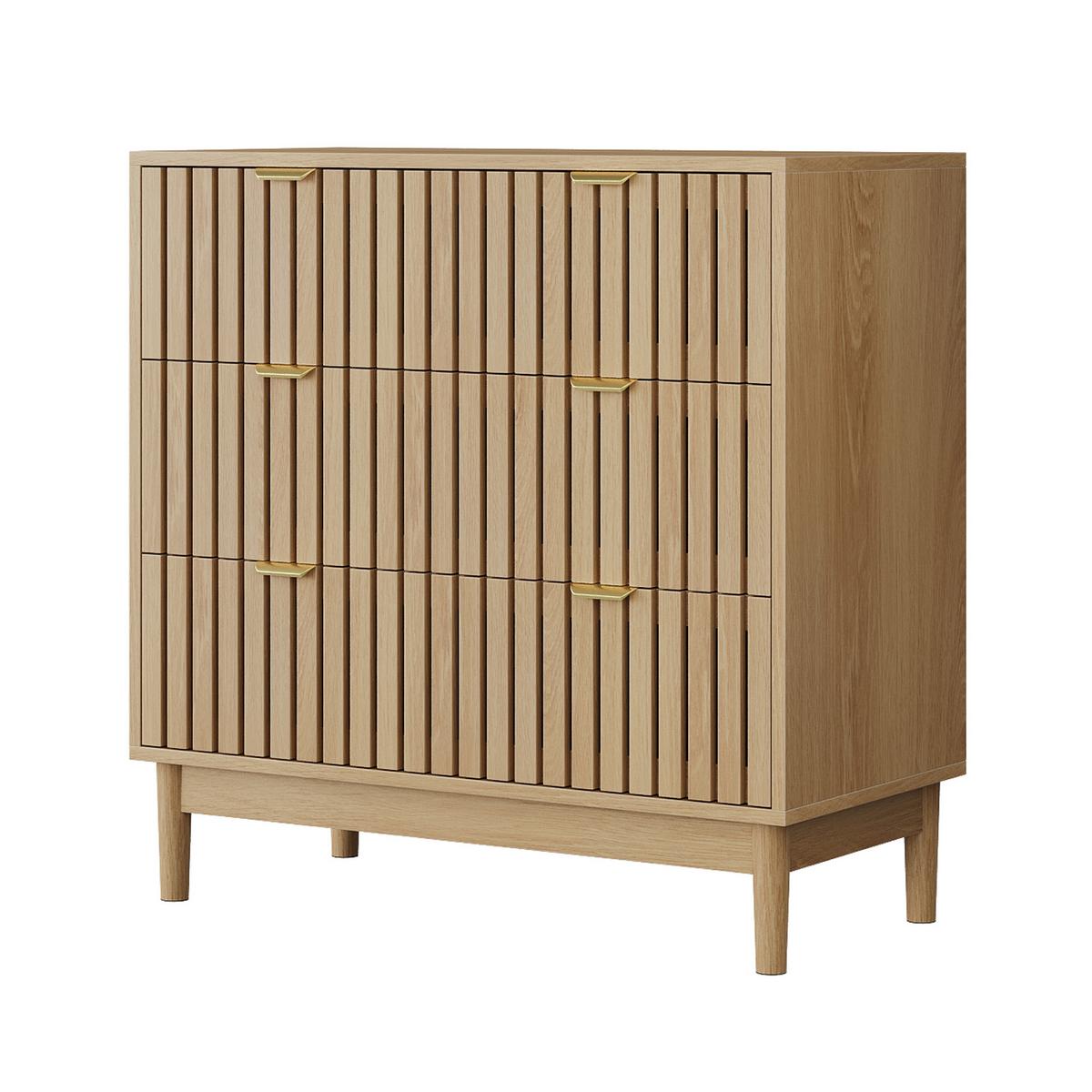 SIDEBOARD eichen-optik & latten-design mit 3 schubladen & goldgriffen - Eichefarben, Holzwerkstoff (80/80/39cm) - Urban Meuble