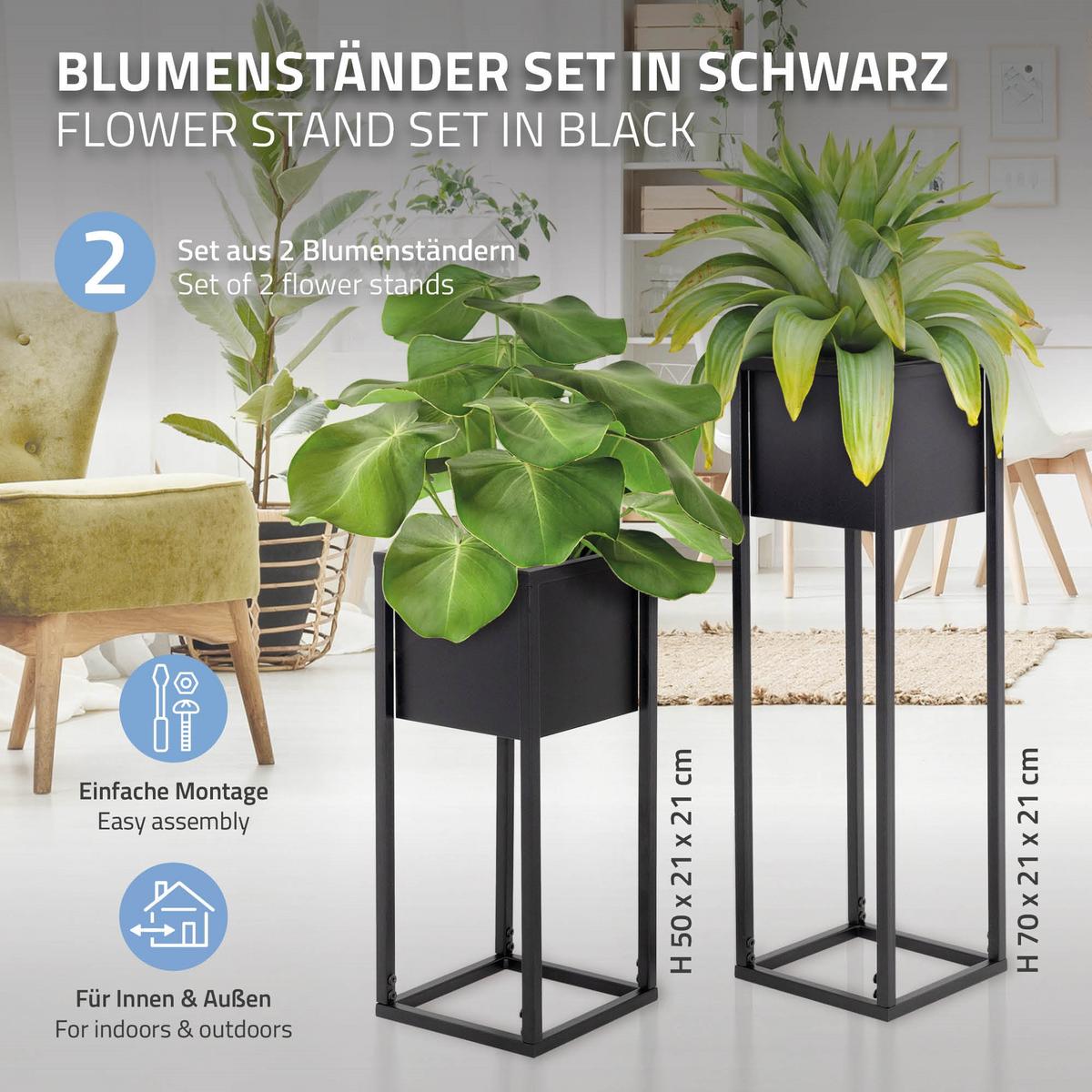 BLUMENSTÄNDER im 2er Set Schwarz 21 x 50/70 x 21 cm aus Metall - Schwarz, Metall (70/21/70cm) - ML-DESIGN