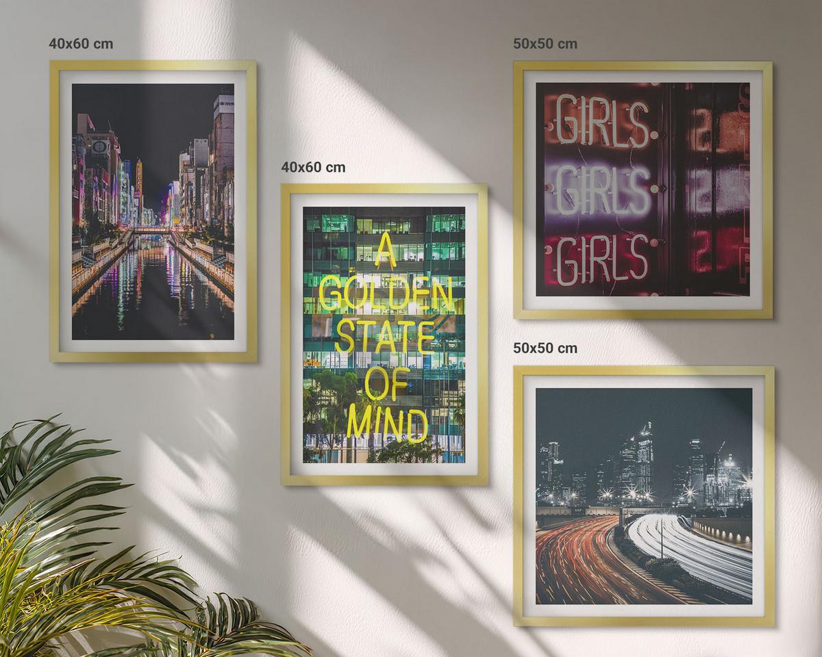 BILDER SET 4er Set - 50x50 cm & 40x60 cm Goldrahmen - Neonreklamen in der Stadt bei Nacht - Goldfarben, Kunststoff (50/50cm) - TULUP