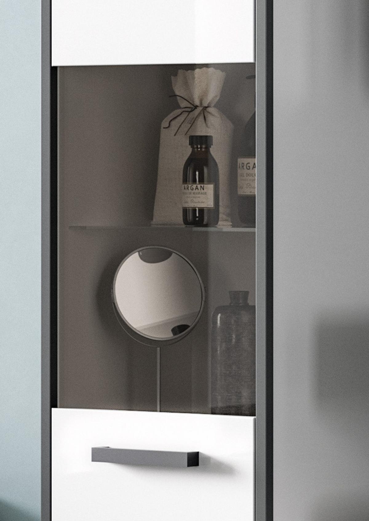 HOCHSCHRANK weiß Hochglanz, grau 40 x 185 cm, Badschrank mit 6 Fächern - Weiß Hochglanz/Schwarz, Glas/Holzwerkstoff (40/188/34cm) - Inn.Furn