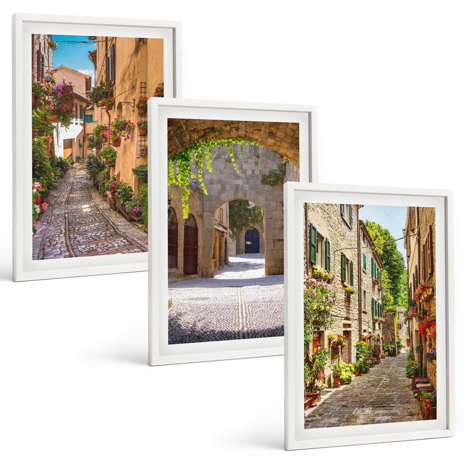 BILDER SET 3er Set - 40x60 cm Weißer Rahmen - Italienische Straßen, Blumen, Architektur - Weiß, Kunststoff (40/60cm) - TULUP