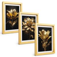 BILDER SET 3er Set - 20x30 cm Goldrahmen - Gelbe Blüten auf dunklem Hintergrund - Goldfarben, Kunststoff (20/30cm) - TULUP