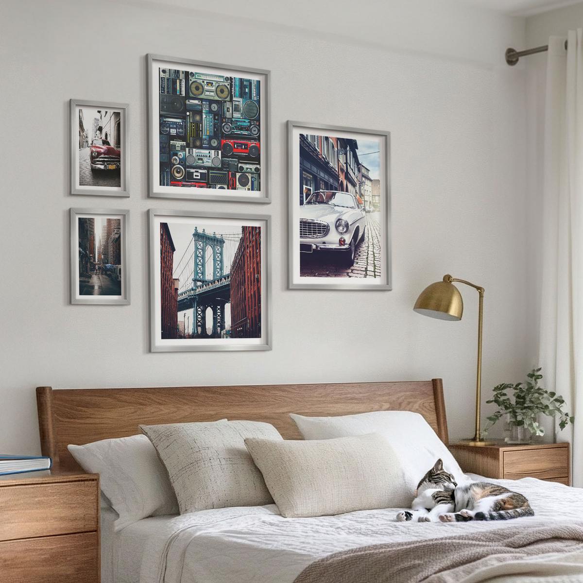 BILDER SET 5er Set - 50x50 cm & 20x30 cm & 40x60 cm Silberner Rahmen - Old Cars Brooklyn Retro-Audio - Silberfarben, Kunststoff (40/60cm) - TULUP