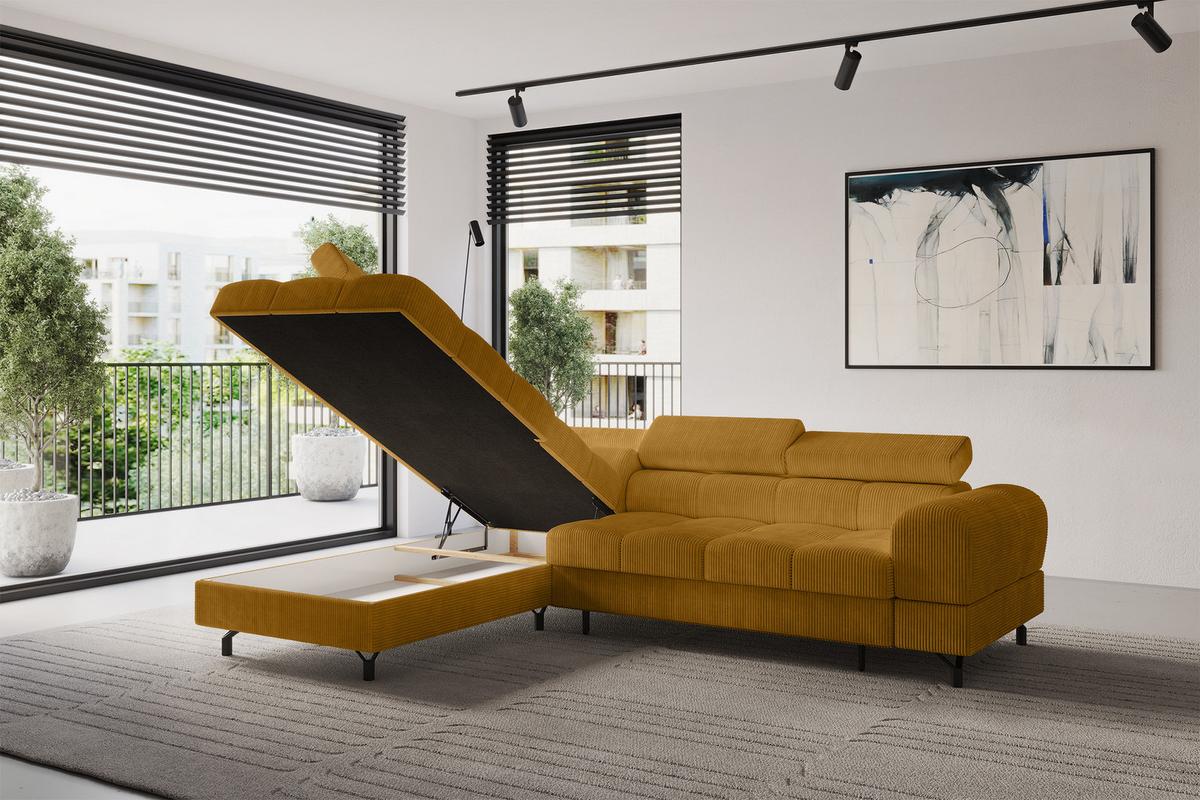 ECKSOFA mit Schlaffunktion Ottomane Links LUMA-L 272x203x70 Senfgelb Cord - Schwarz/Honig, Holzwerkstoff/Kunststoff (272/203cm) - ALTDECOR