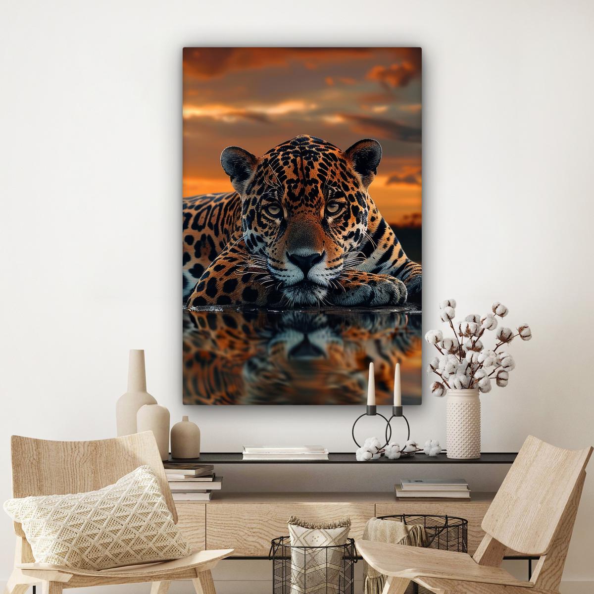 LEINWANDBILD Natur - Leopard - Tier - Sonnenuntergang - Modern Deko XXL 80x120 cm - Orange, Textil (80/120cm) - MuchoWow