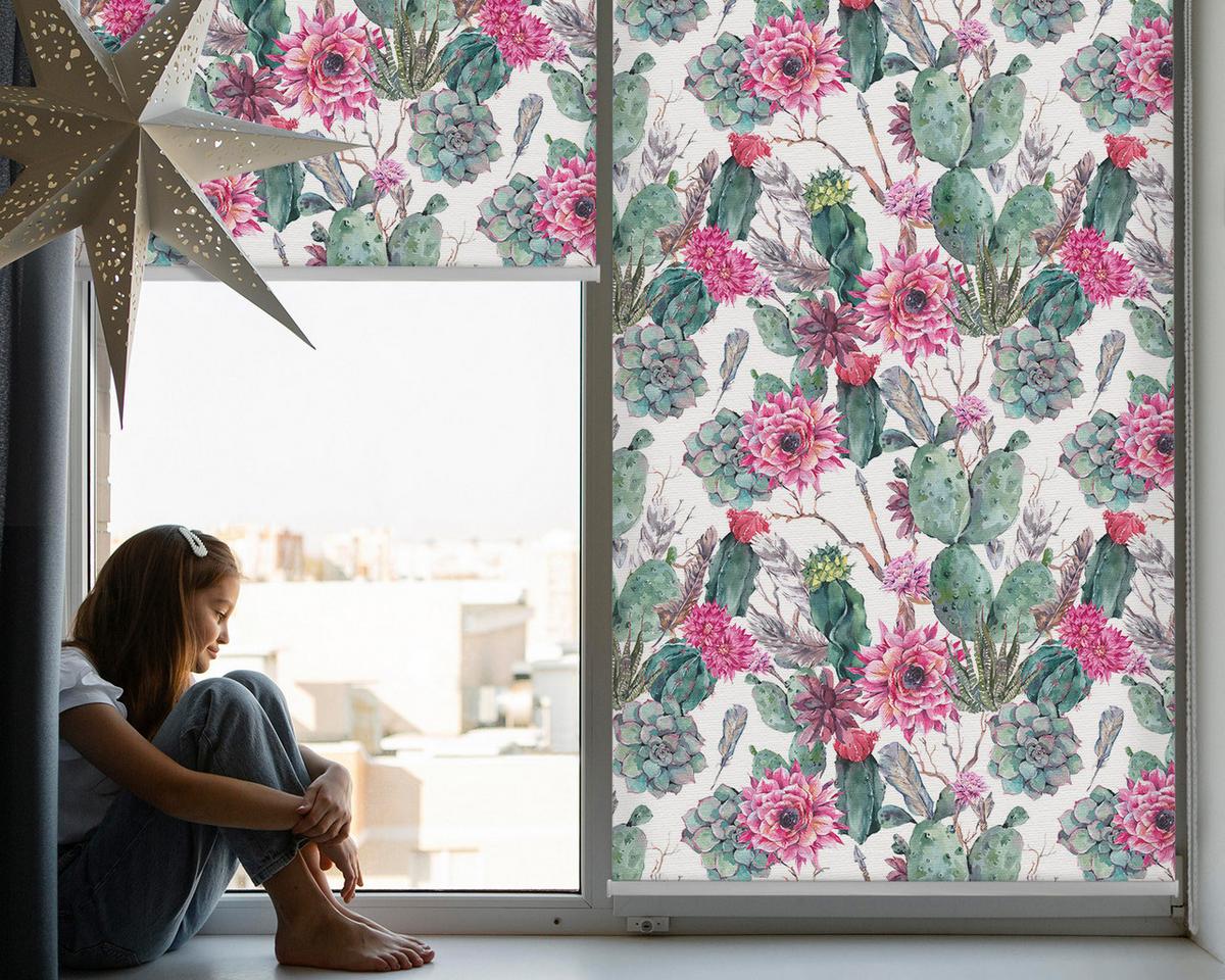 INNENROLLO - Fensterrollo - Rollo - 130x140 cm - Kaktusblume - Grün, Kunststoff (130/140/0.5cm) - TULUP