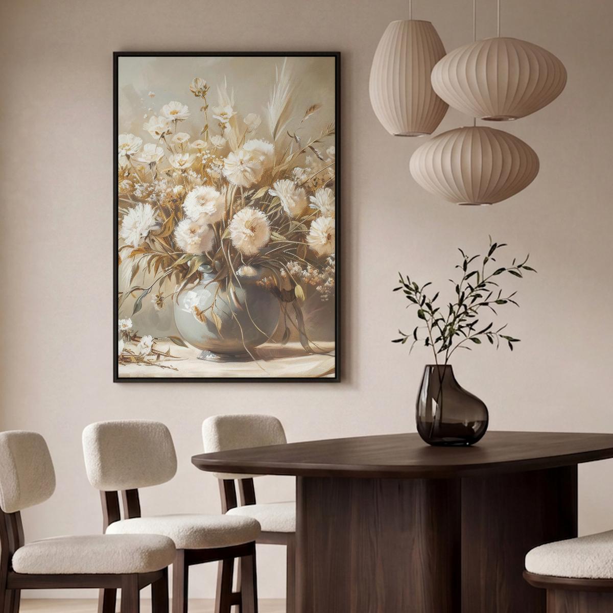 LEINWAND Bilder mit Rahmen - Blumen - Vase - Stilleben - Beige - 100x150 - Creme, Textil (100/150cm) - MuchoWow