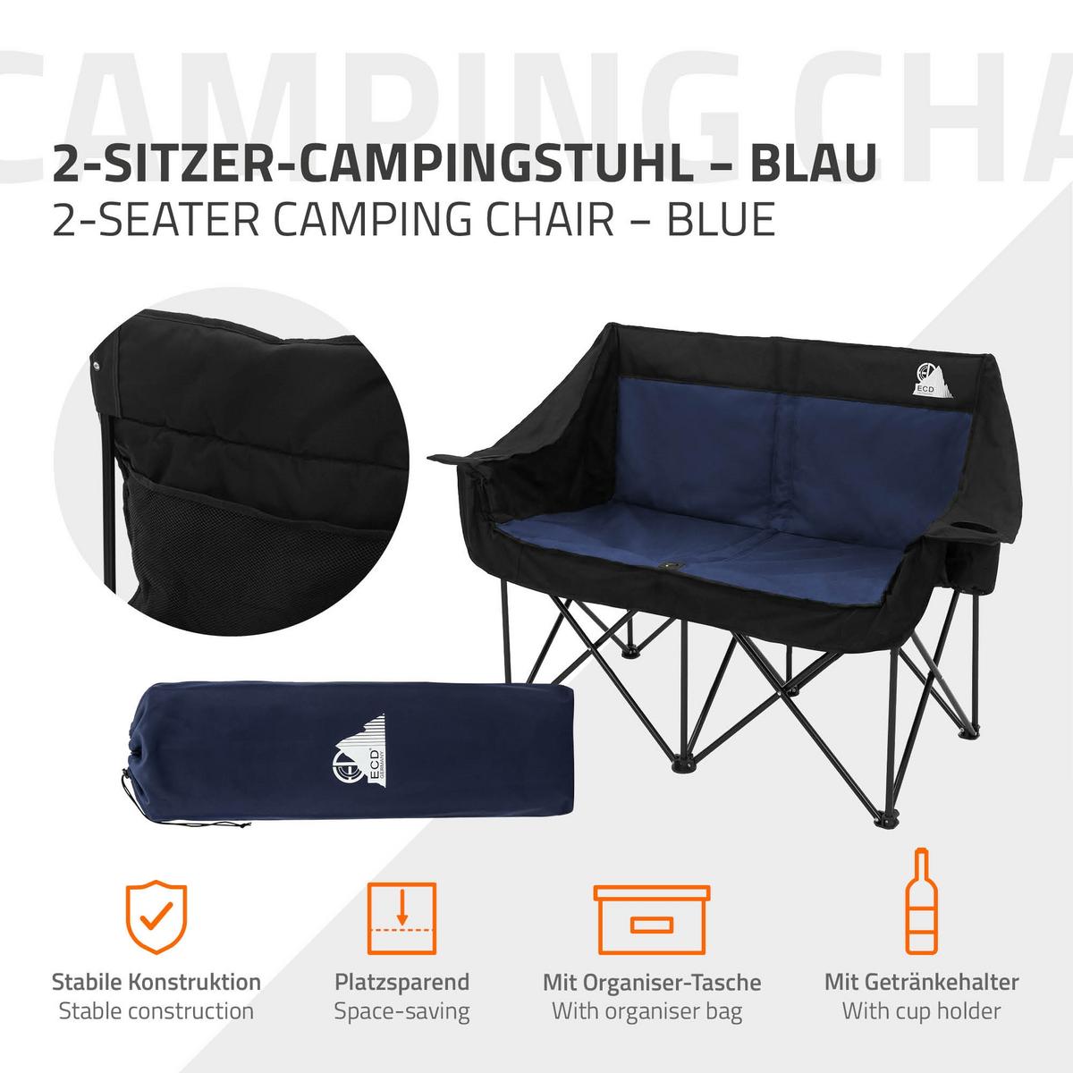 CAMPINGSTUHL 2-Sitzer Blau faltbar mit Stahlgestell 54,5x145,92 cm - Blau, Textil (145/92/54.5cm) - ECD-Germany