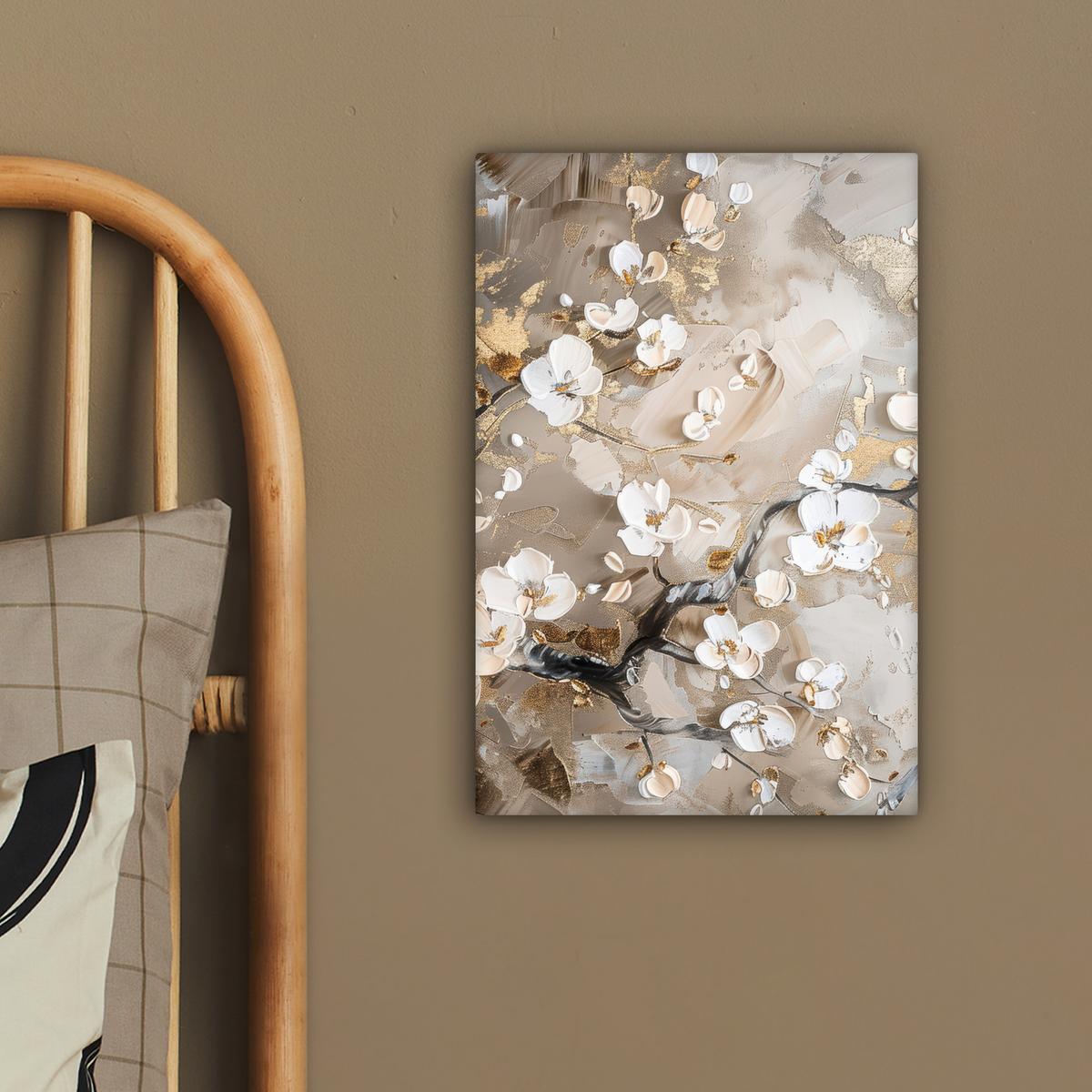 LEINWANDBILD Blumen - Weiß - Gold - Beige - Luxus Deko Wohnzimmer 20x30 cm - Greige, Textil (20/30cm) - MuchoWow