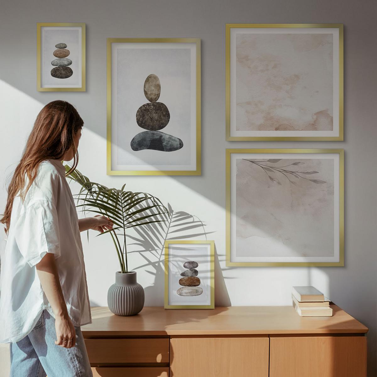 BILDER SET 5er Set - 50x50 cm & 20x30 cm & 40x60 cm Goldrahmen - Steinstapel-Boho-Malerei - Goldfarben, Kunststoff (40/60cm) - TULUP