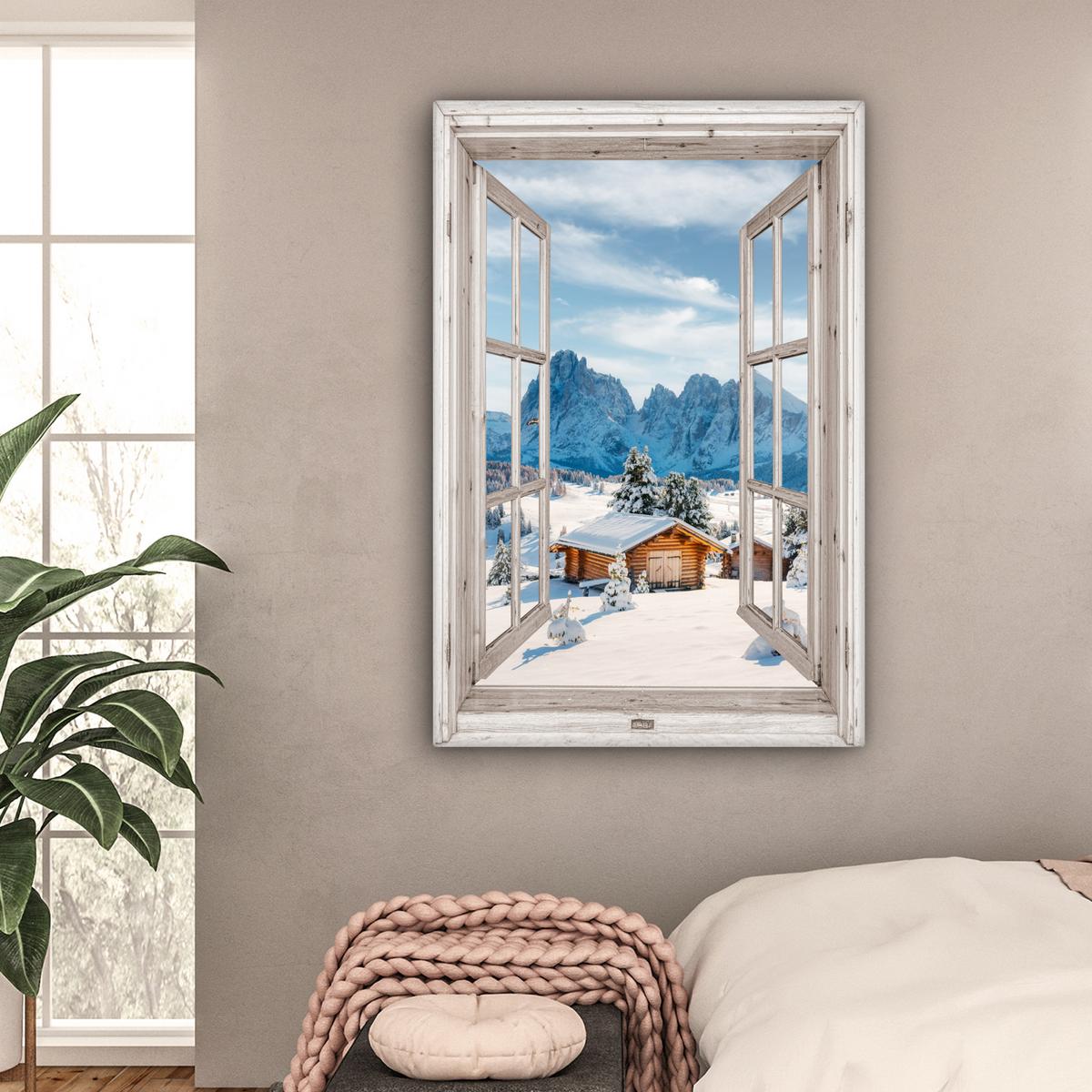 LEINWANDBILD Winterlandschaft - Hütte - Berge - Ausblicke - Aussicht - Natur Deko XXL 80x120 cm - Weiß Hochglanz, Textil (80/120cm) - MuchoWow