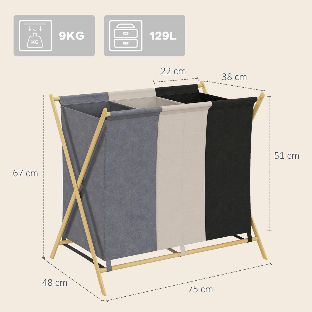 WÄSCHEKORB aus Bambus Leinenstoff Mehrfarbig - Multicolor, Naturmaterialien (48/67/75cm) - HOMCOM