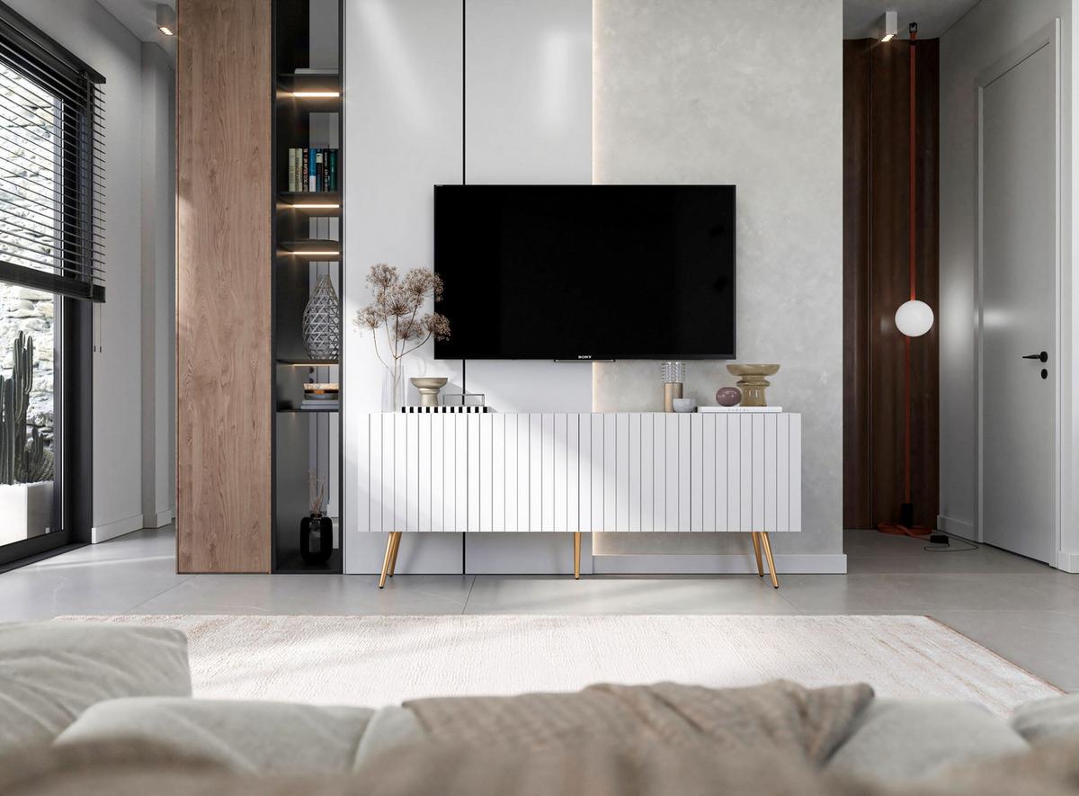 TV-SCHRANK Elpis Weiß Matt mit goldenen Metallbeine Glamour 150 cm - Goldfarben/Weiß, Holzwerkstoff/Metall (150/60.5/36.5cm) - Meble Lindner