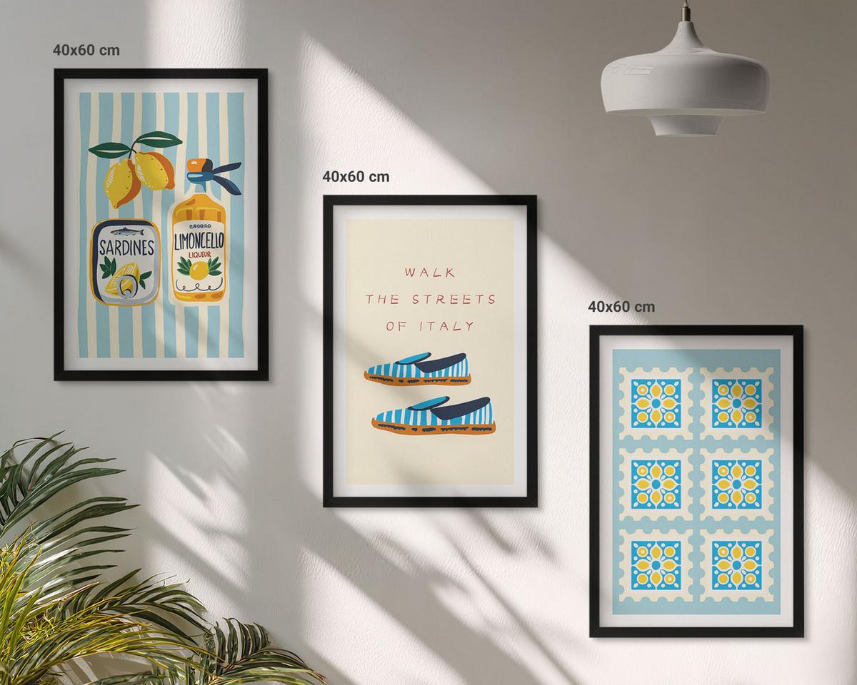 BILDER SET 3er Set - 40x60 cm Schwarzer Rahmen - Früchte, Elemente der italienischen Kultur - Schwarz, Kunststoff (40/60cm) - TULUP