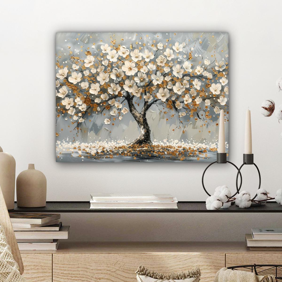 LEINWANDBILD Baum - Blumen - Weiß - Natur - Kunst Wandbild 40x30 cm - Weiß, Textil (40/30cm) - MuchoWow