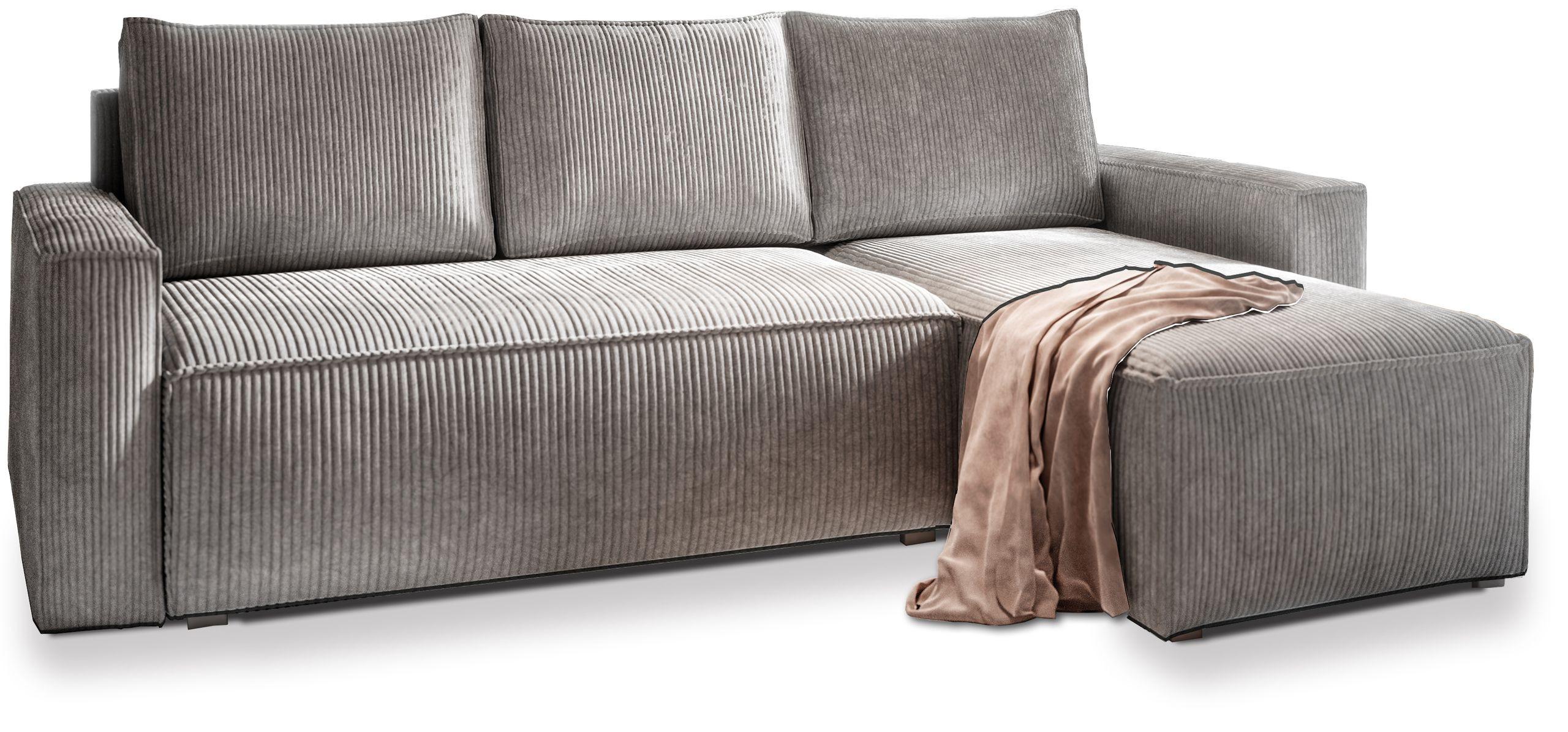 ECKSOFA POTARO Hellgrau Kordstoff mit Schlaffunktion - Hellgrau/Grau, Holz/Kunststoff (232/140cm) - MASSENO