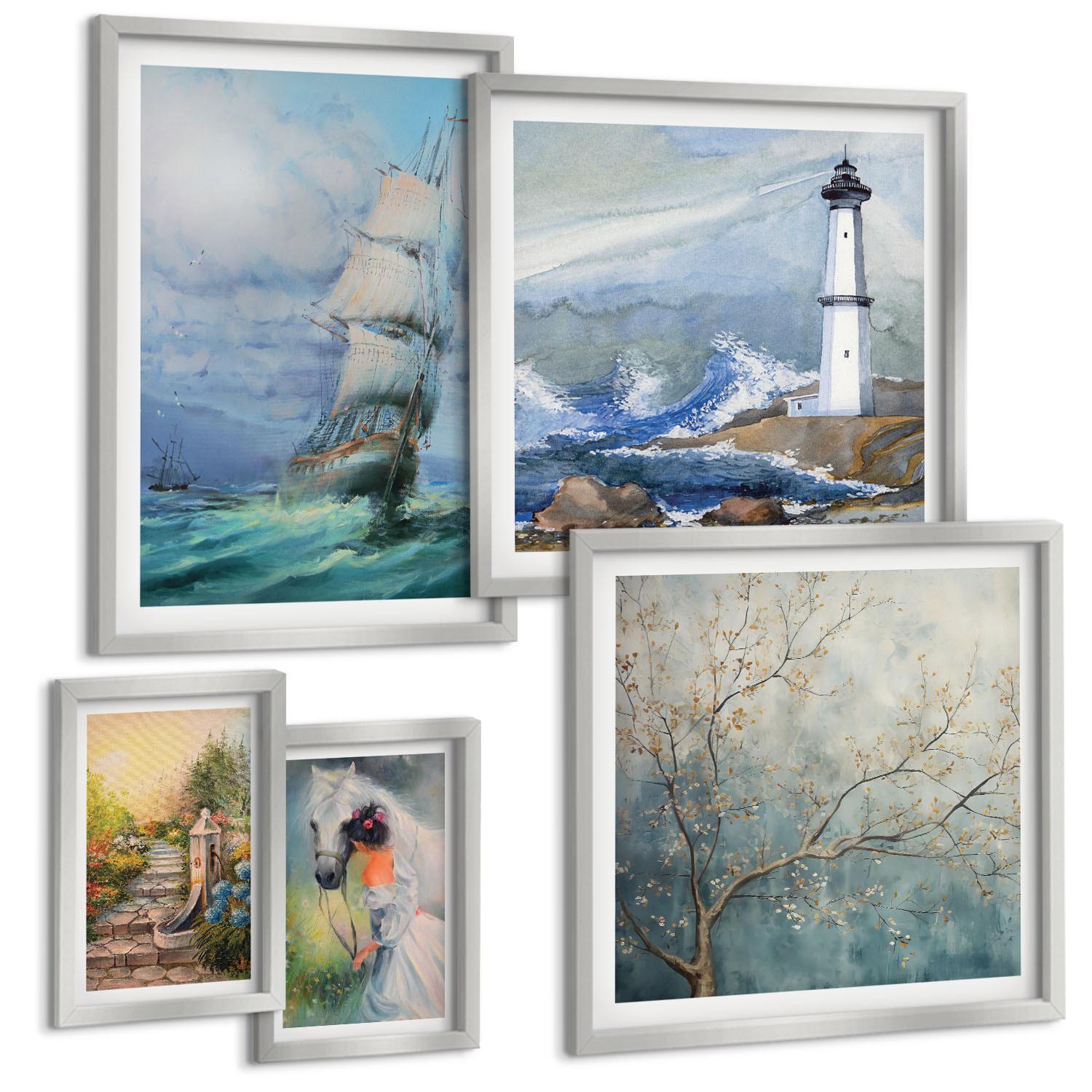 BILDER SET 5er Set - 50x50 cm & 20x30 cm & 40x60 cm Silberner Rahmen - Familienillustrationen Hausschilder - Silberfarben, Kunststoff (40/60cm) - TULUP