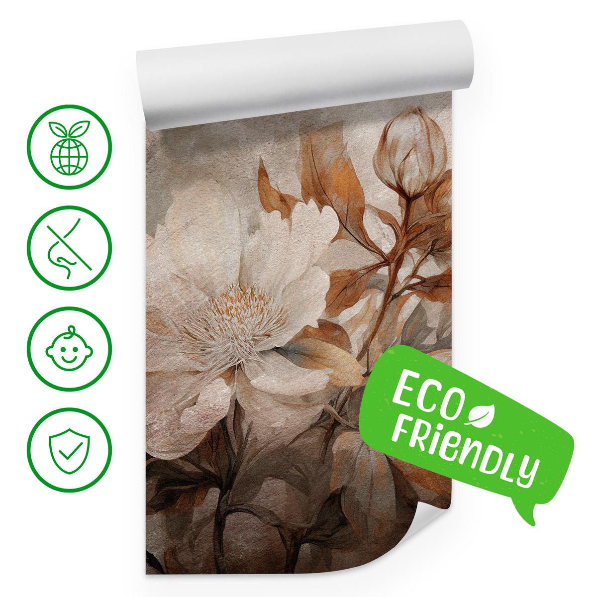 FOTOTAPETE für Wohnzimmer Blumen Blätter Pflanzen Natur Retro Stil 100x70 - Beige/Orange, Papier (100/70cm) - Muralo