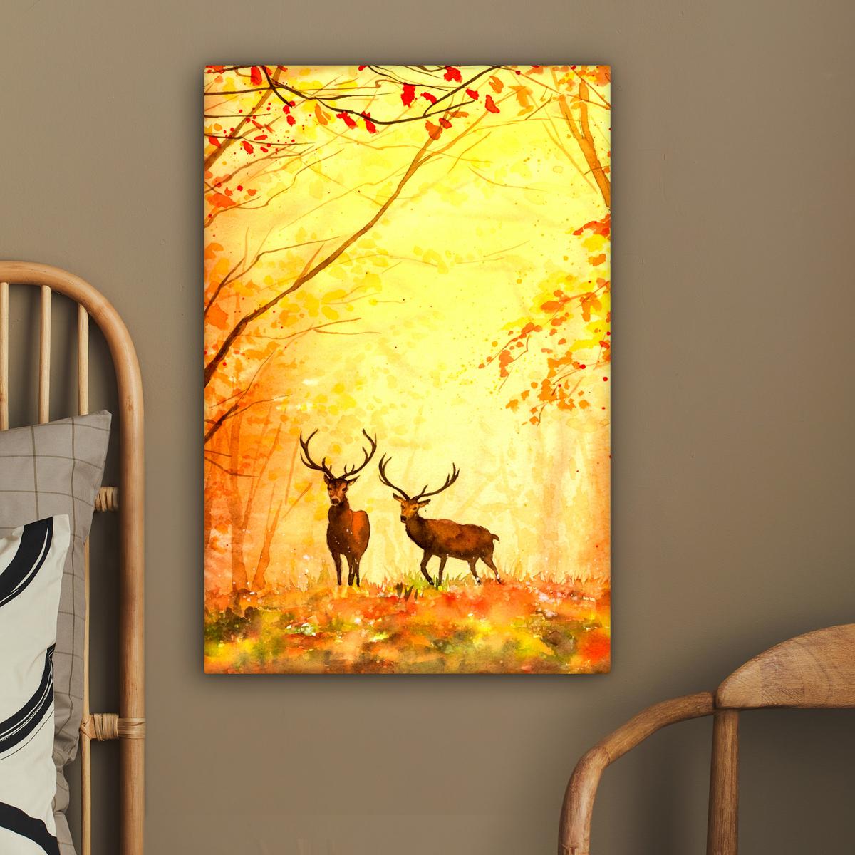 LEINWANDBILD Natur - Ölfarbe - Hirsche - Tiere - Herbst - Orange Wanddeko Schlafzimmer 60x90 cm - Orange, Textil (60/90cm) - MuchoWow