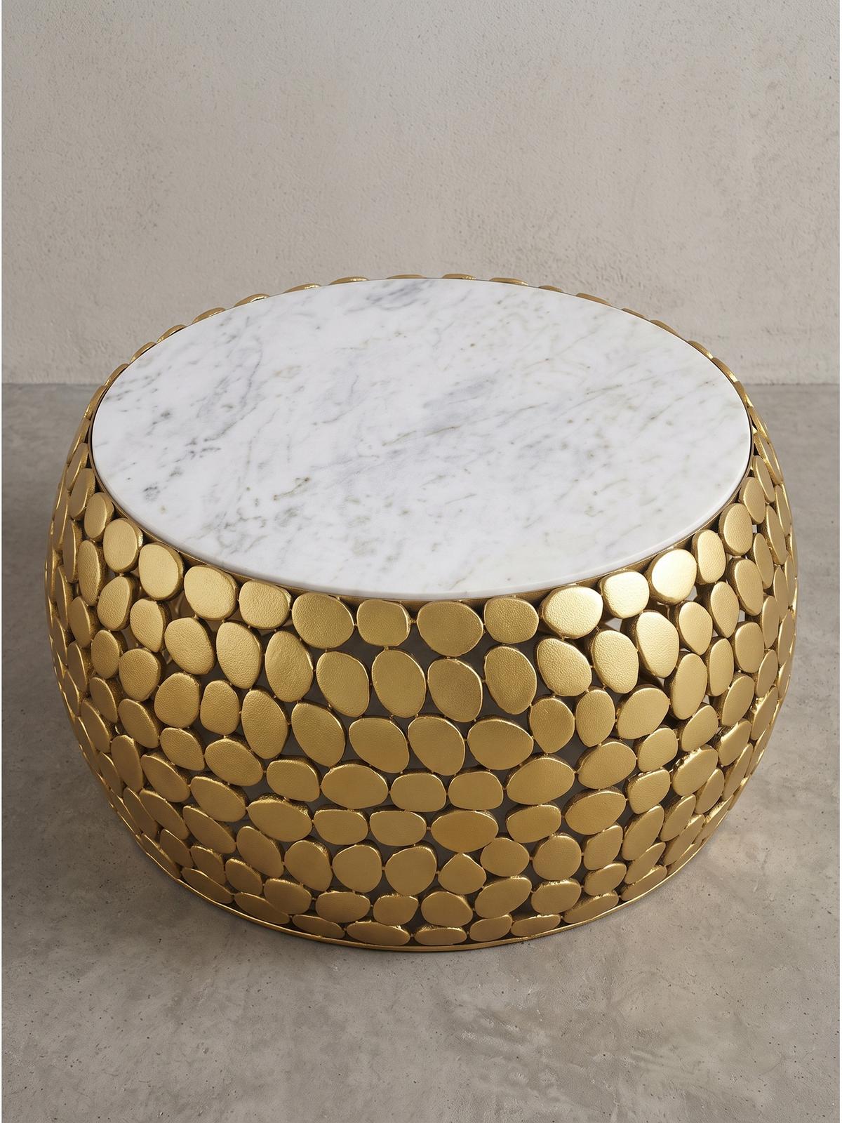 COUCHTISCH DIEMEL, Marmor, handgefertigt, Gold-Weiß, Ø 66 x 32 cm - Goldfarben, Stein/Metall (66/66/32cm) - KADIMA DESIGN
