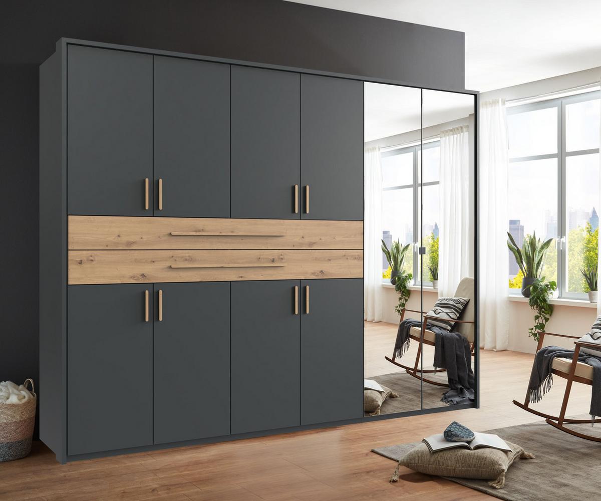 DREHTÜRENSCHRANK B273/H210/T58 cm in Grafit, Kleiderschrank mit Passepartout, 2 Spiegel, 2 großen Schubkästen & Griffen in Eiche Artisan Dekor / 22652 - Graphitfarben/Eiche Artisan, Holzwerkstoff/Kunststoff (273/210/58cm) - luma-home