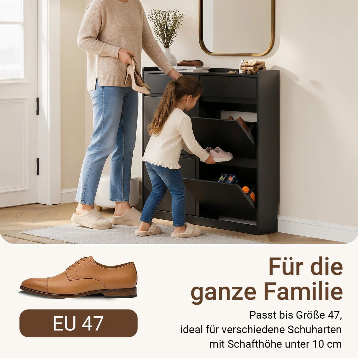 SCHUHKIPPER mit 4 Klappen und 2 Schubladen, Schwarz 98x19x95 cm - Schwarz, Holzwerkstoff (98/95/19cm) - SoBuy