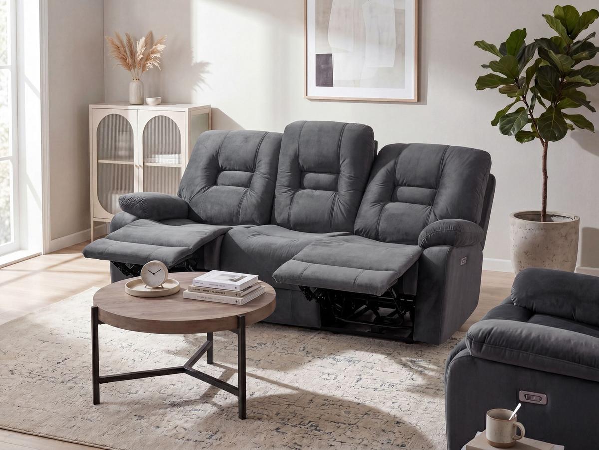 SOFA elektrisch verstellbar 3-Sitzer Samtstoff Dunkelgrau Bergen - Dunkelgrau/Grau, Textil (202/101/72cm) - Beliani