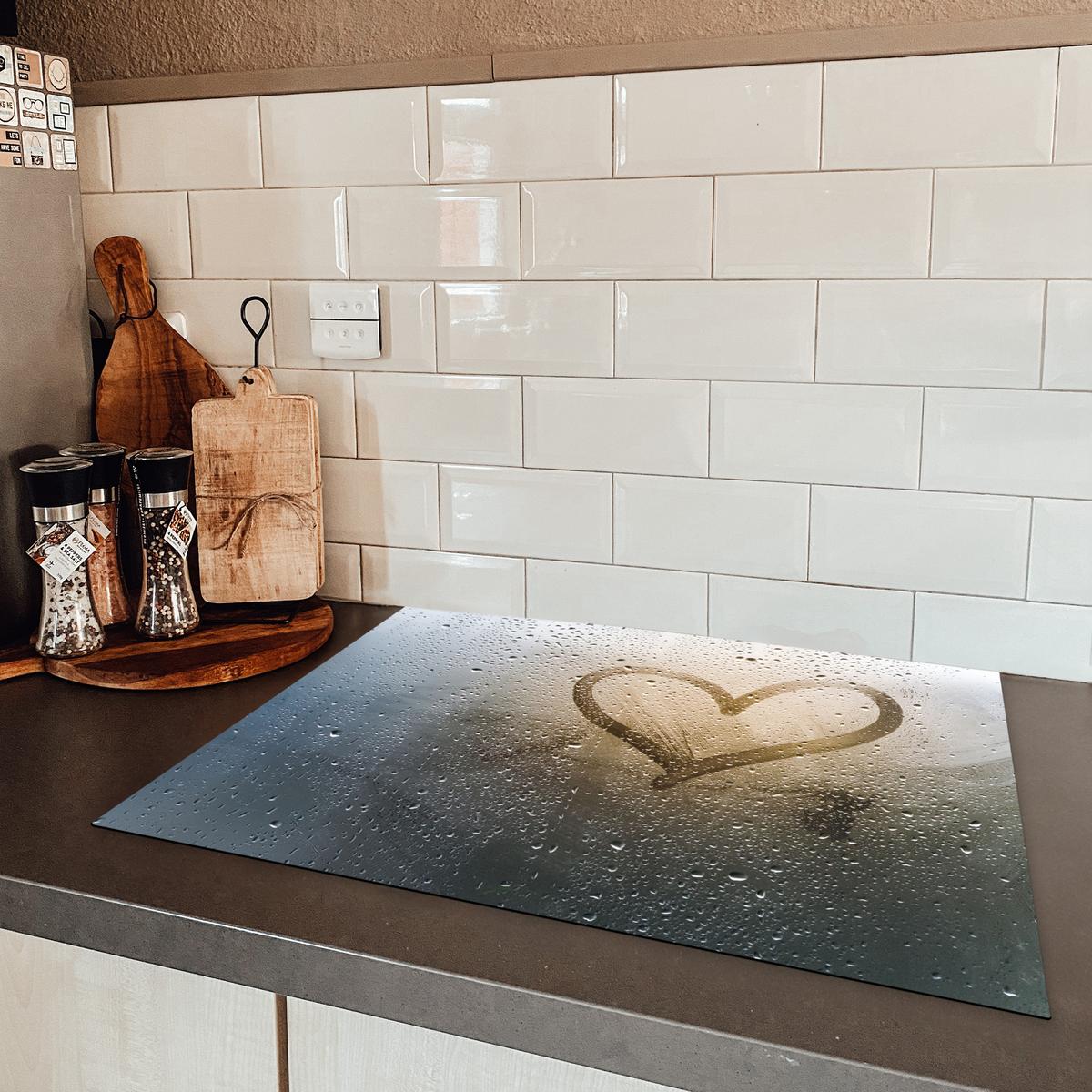 HERDABDECKPLATTE Herz - Kondenswasser - Wasser - 3D Herdabdeckung Induktionsfeld 70x52 cm - Grau, Kunststoff (70/52/0.2cm) - MuchoWow