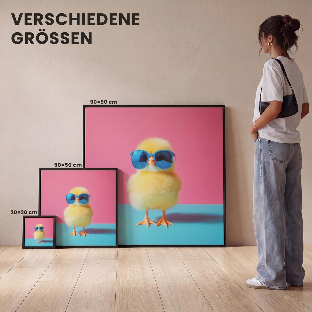 LEINWAND Bilder mit Rahmen - Chick - Sonnenbrille - Blau - 50x50 - Pink, Textil (50/50cm) - MuchoWow