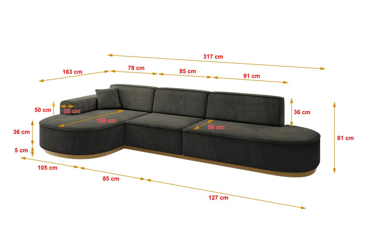 ECKSOFA Ottomane Links MARI-L2-v2 - 328x171x83 cm Schwarz Velours - Schwarz, Holzwerkstoff/Textil (328/171cm) - ALTDECOR