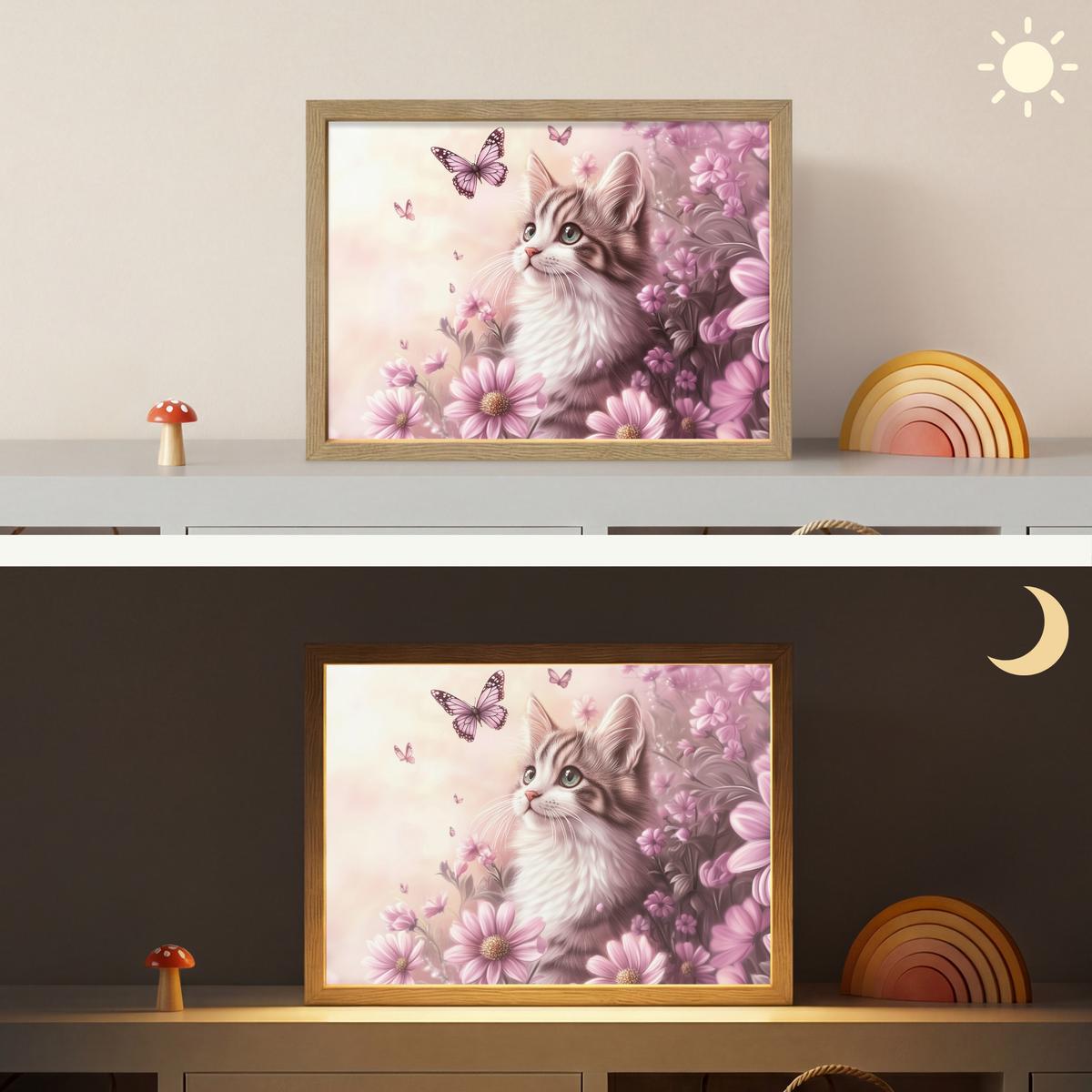 WANDLEUCHTE MIT AKKU Kätzchen - Blumen - Schmetterlinge - Lila 40x30 cm - Altrosa, Holzwerkstoff (40/30/8cm) - OnlyWow