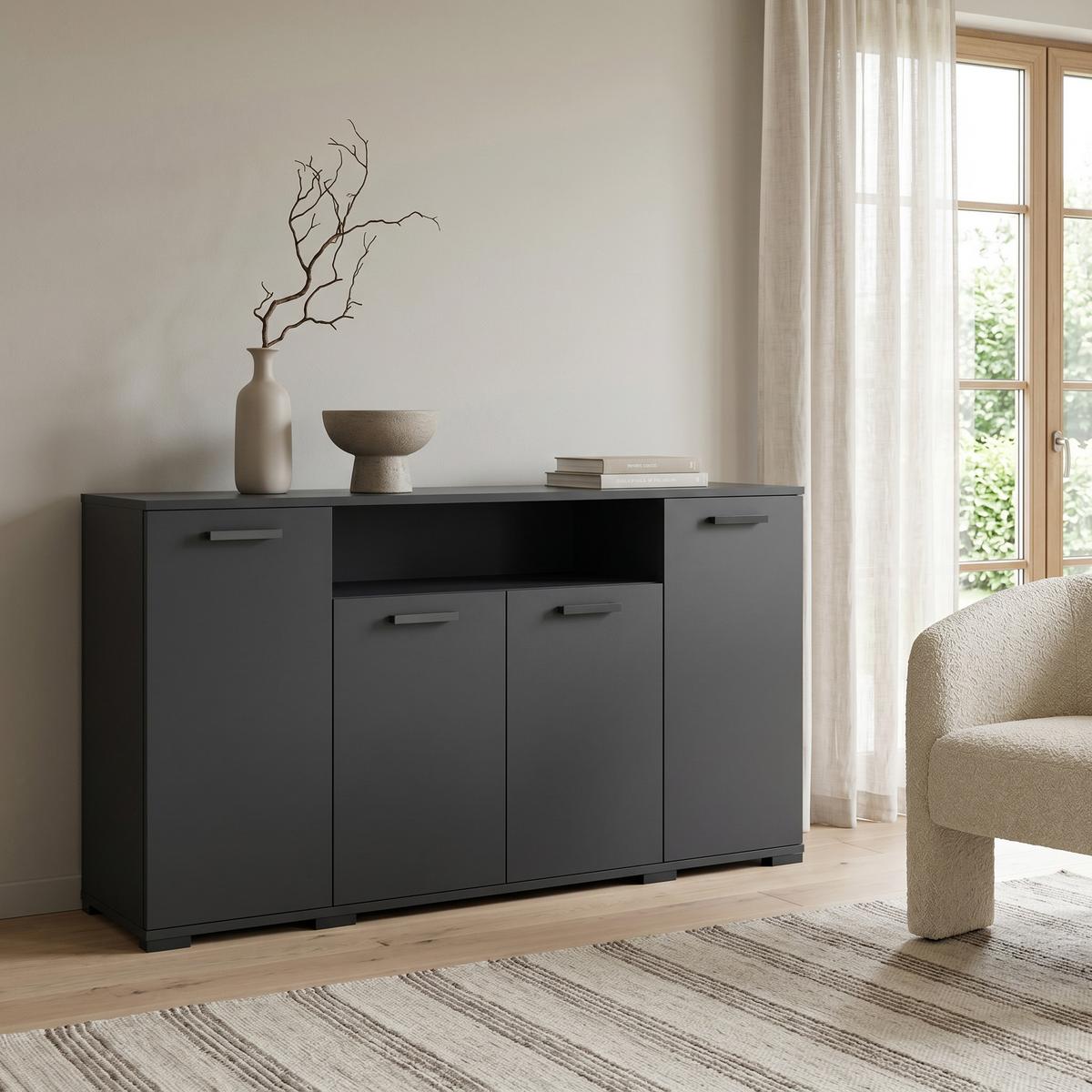 KOMMODE ALBANO 160/83/40cm mit 4 Schubladen Türen Schwarz - Schwarz, Holzwerkstoff (160/83/40cm) - MASSENO