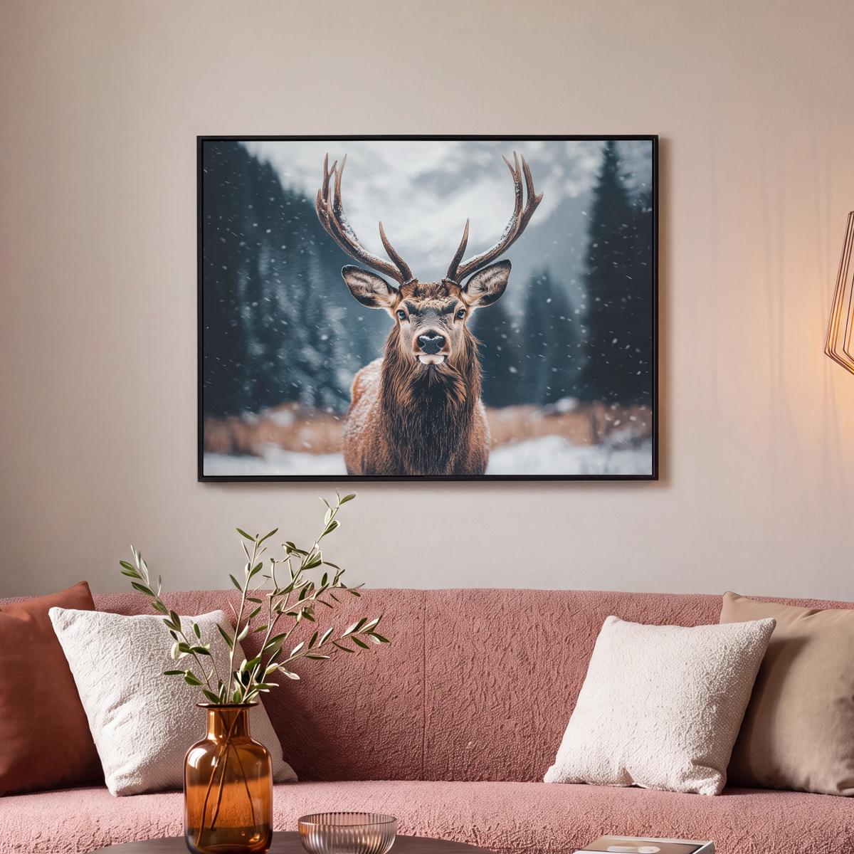 LEINWAND Bilder mit Rahmen - Hirsche - Tiere - Landschaft - Winter - Schnee - 70x50 - Kastanienfarben, Textil (70/50cm) - MuchoWow