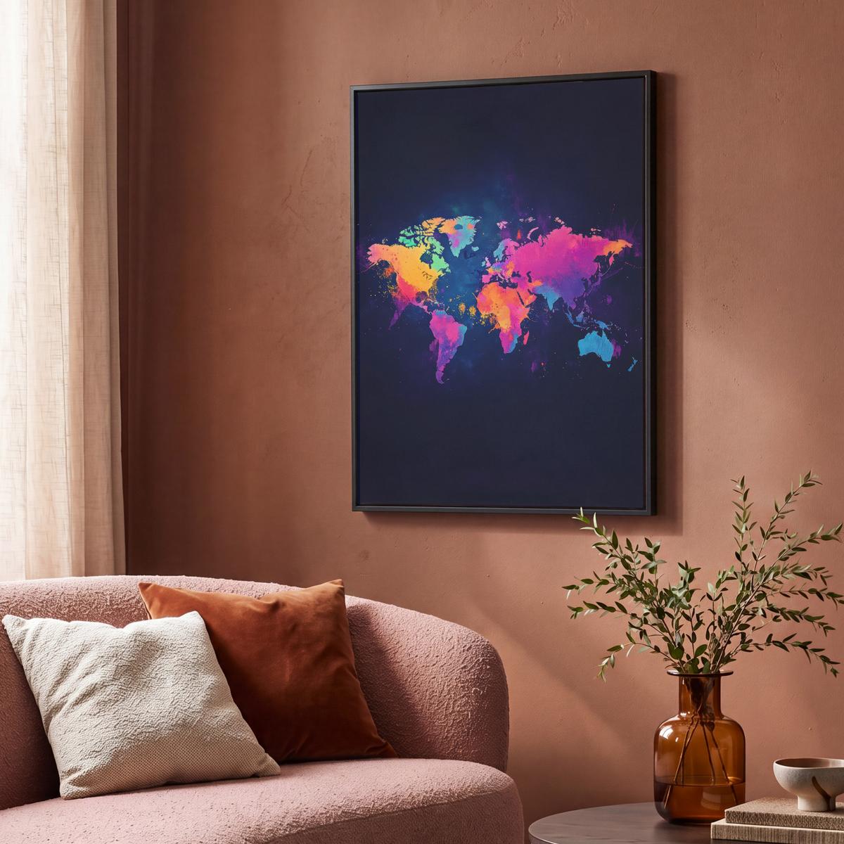 LEINWAND Bilder mit Rahmen - Weltkarte - Bunt - Graffiti - 70x100 - Multicolor, Textil (70/100cm) - MuchoWow