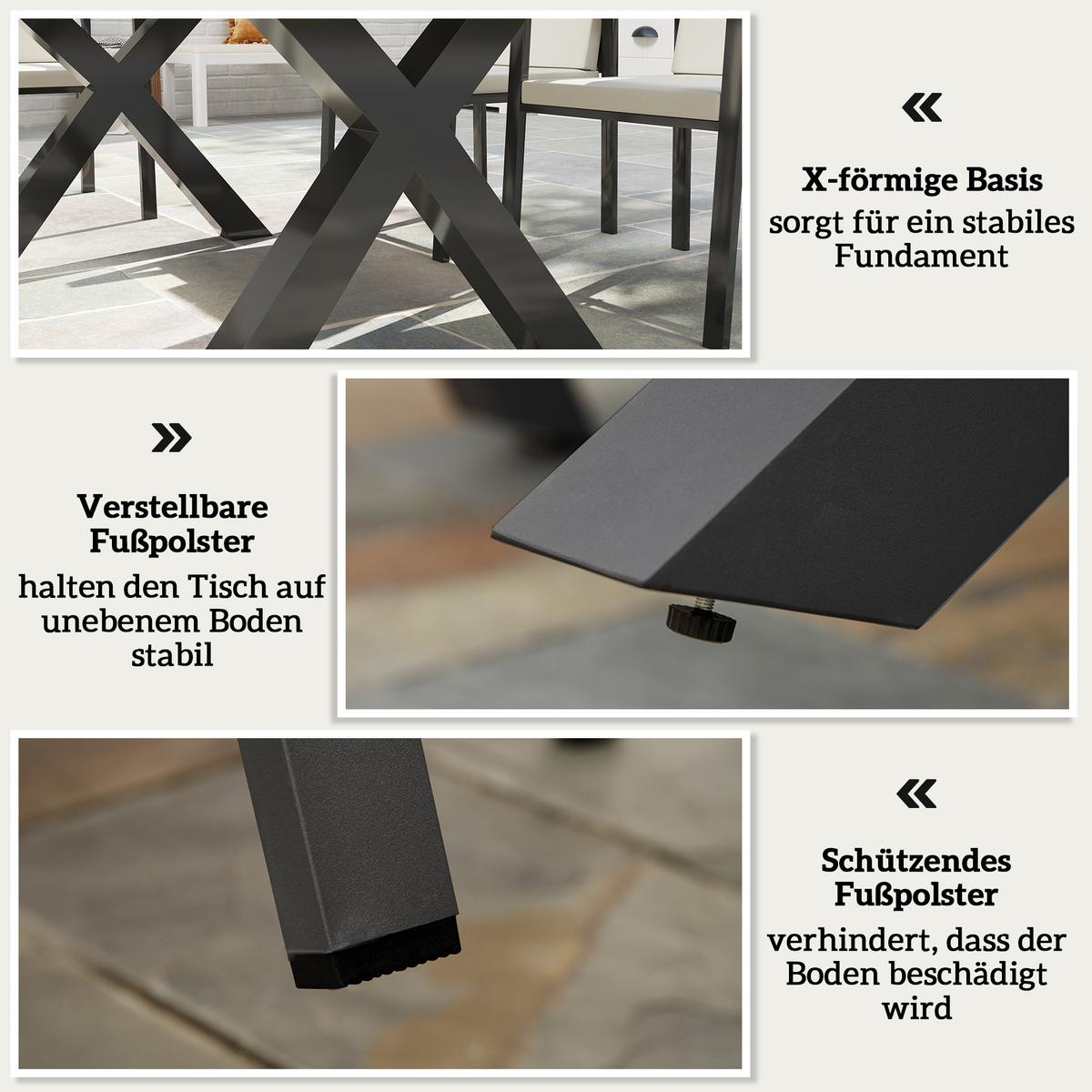 GARTENMÖBEL-SET Sitzgruppe 1 Tisch+6 Stühle mit Auflagen Wetterfest Alu Schwarz+Grau - Grau, Metall - Outsunny