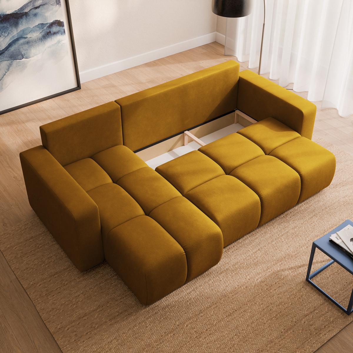 ECKSOFA RAMIL Gelb Plüsch-Stoff mit Schlaffunktion - Gelb, Holz (240/149cm) - MASSENO