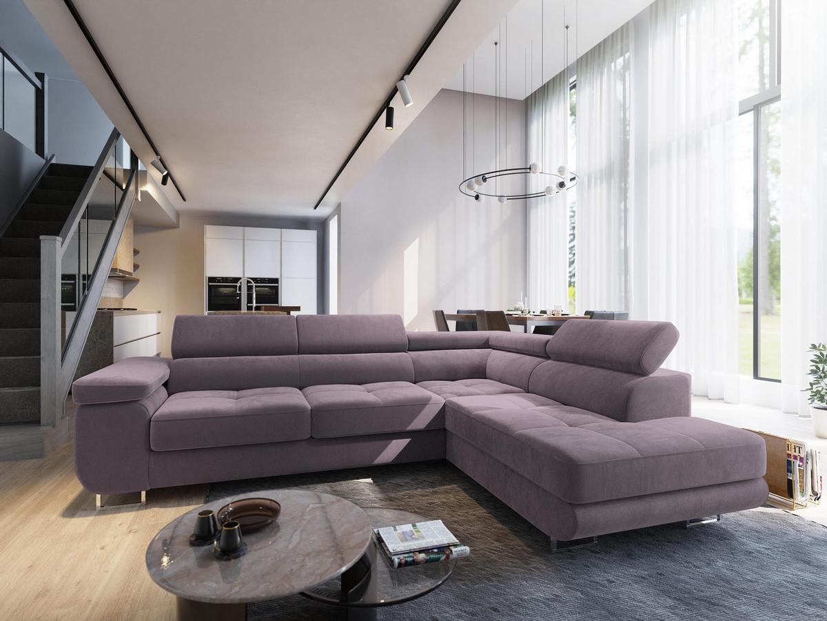ECKSOFA SELVA R-S Lila Velours-Stoff mit Schlaffunktion - Lila/Silberfarben, Holz/Holzwerkstoff (275/202cm) - MASSENO