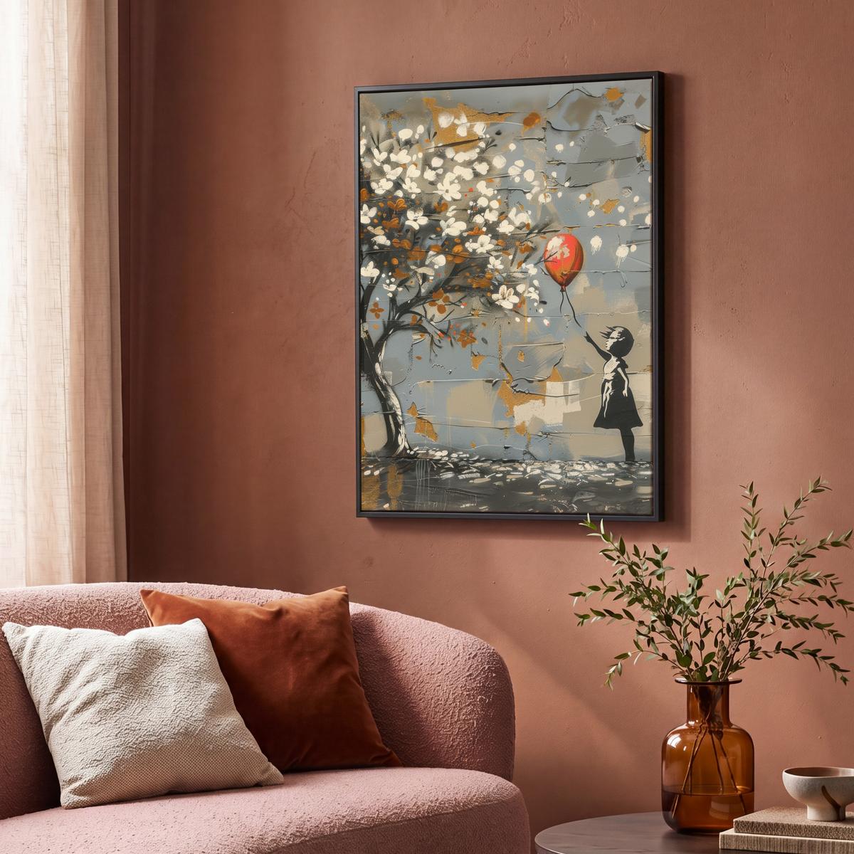 LEINWAND Bilder mit Rahmen - Baum - Graffiti - Banksy-Stil - Ballon-Mädchen - 70x100 - Blaugrau, Textil (70/100cm) - MuchoWow