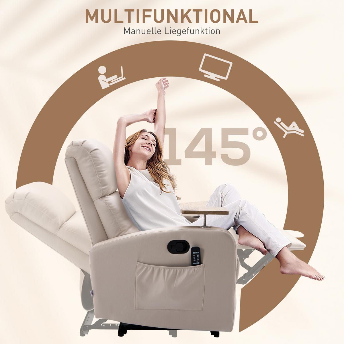 RELAXSESSEL Massagesessel Fernsehsessel mit Massagefunktion, Drehbarer Tisch - Beige, Metall (93/105/77cm) - HOMCOM