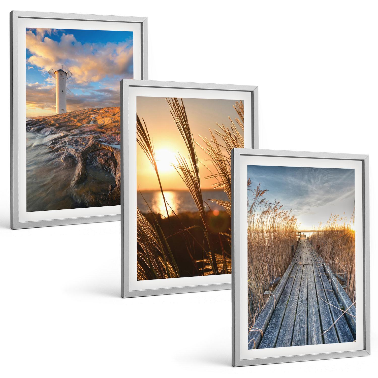 BILDER SET 3er Set - 40x60 cm Silberner Rahmen - Leuchtturm-Grassteg - Silberfarben, Kunststoff (40/60cm) - TULUP